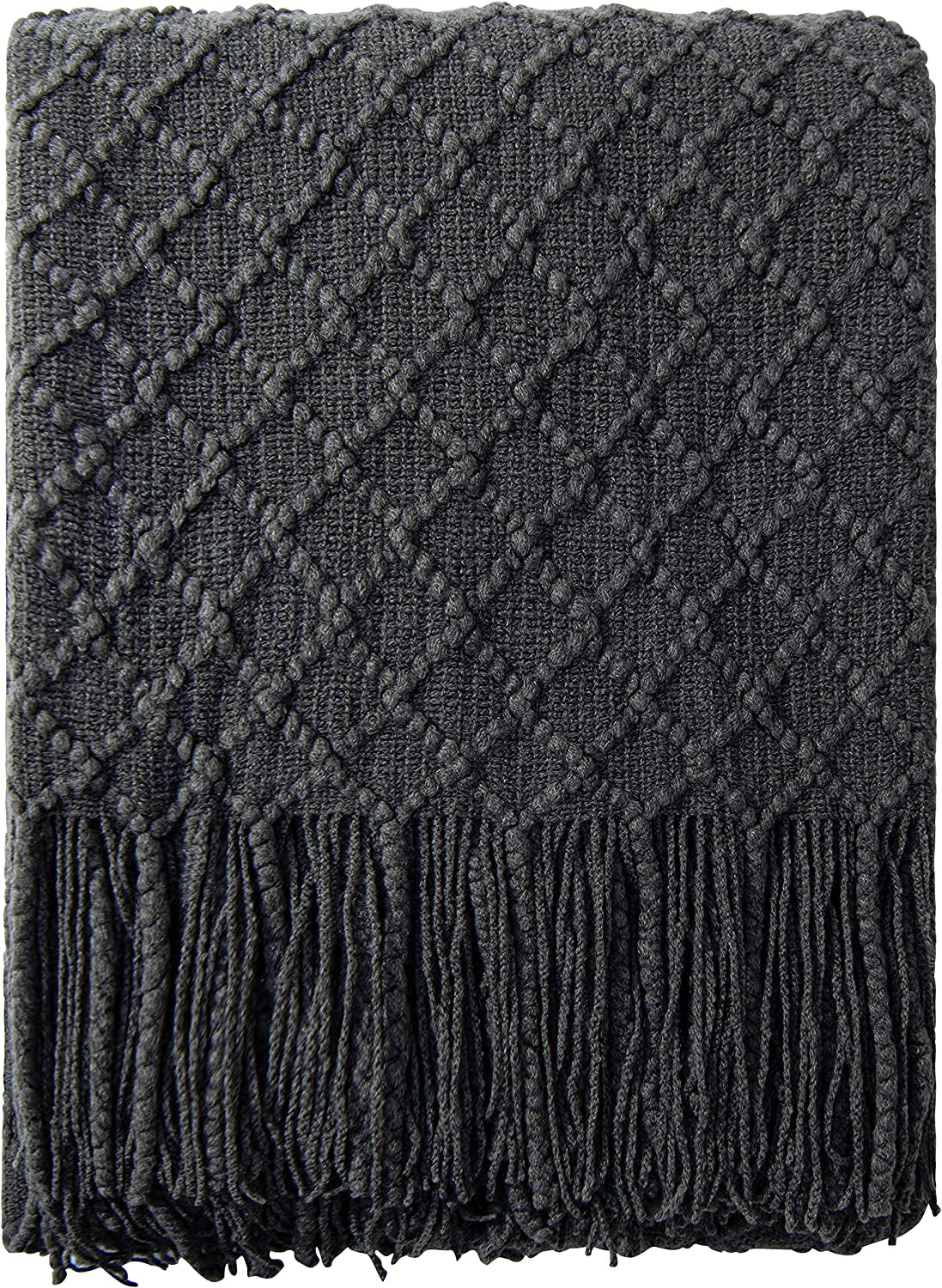 Acrylic Knitted Throw Blanket, Lightweight and Soft Cozy Decorative Woven Blanket with Tassels for Travel, Couch, Bed, Sofa, 51X67 Inches, Taupe Checkered