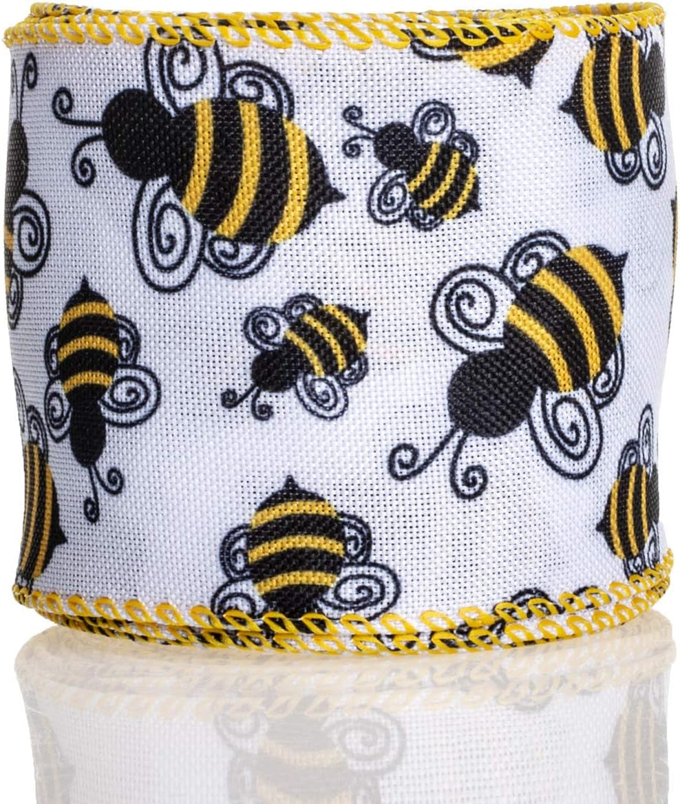 Bumble Bee Wired Edge Ribbon, Honeybee Print Ribbon for Wreaths, Gift Wrapping and Party Decoration, 10 Yards by 2.5 Inches