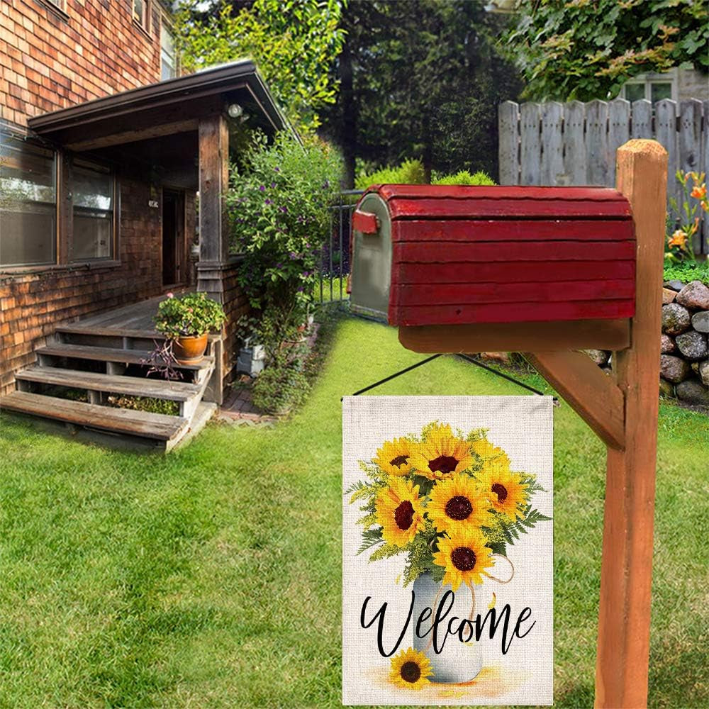 Sunflower Arrangement Vase Welcome Garden Flag Double Sided,Burlap Summer Fall Farmhouse Outdoor Welcome Garden Decor,Small Garden Flag 12X18 Prime