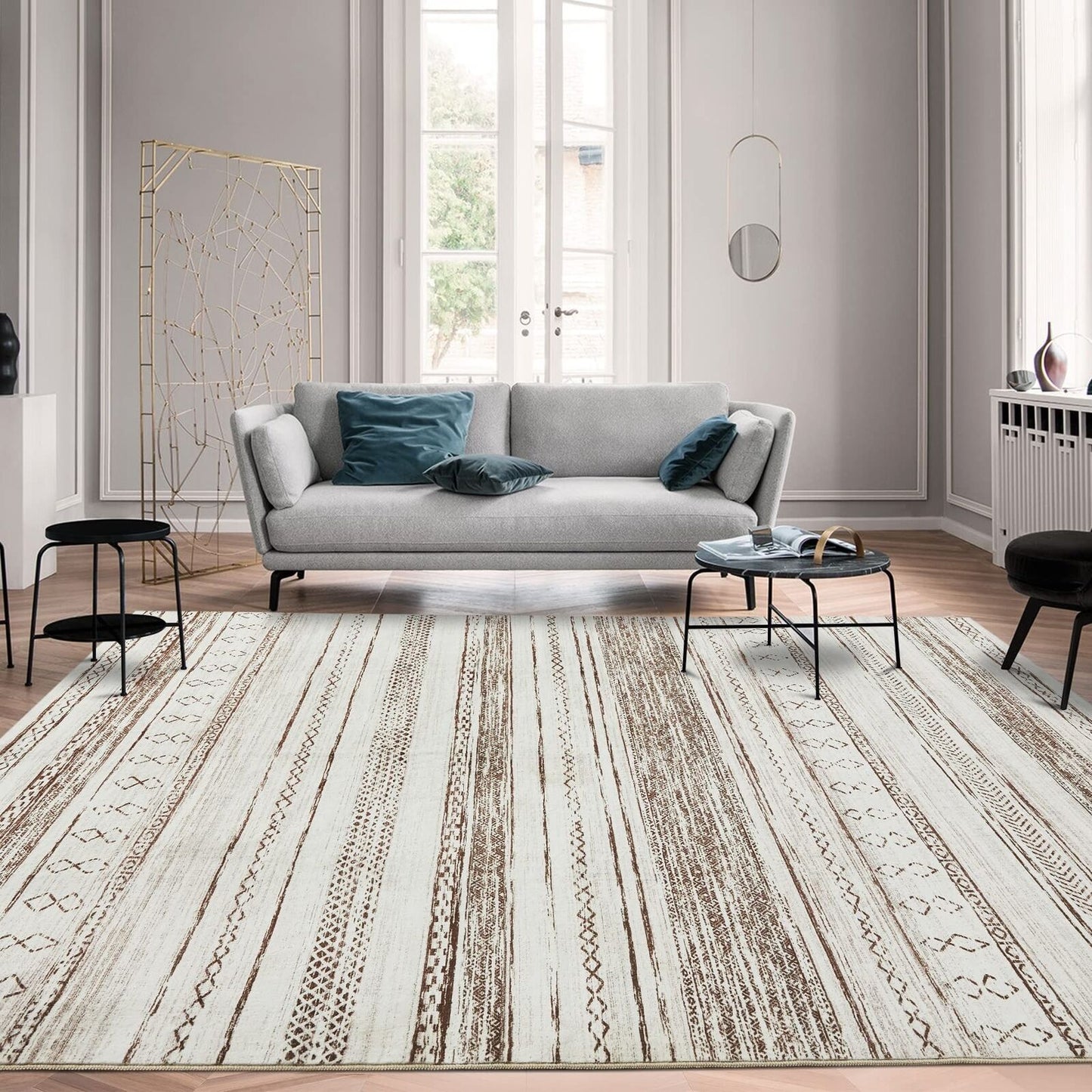 Area Rug Living Room Rugs - 9X12 Washable Large Soft Neutral Boho Moroccan Bo...