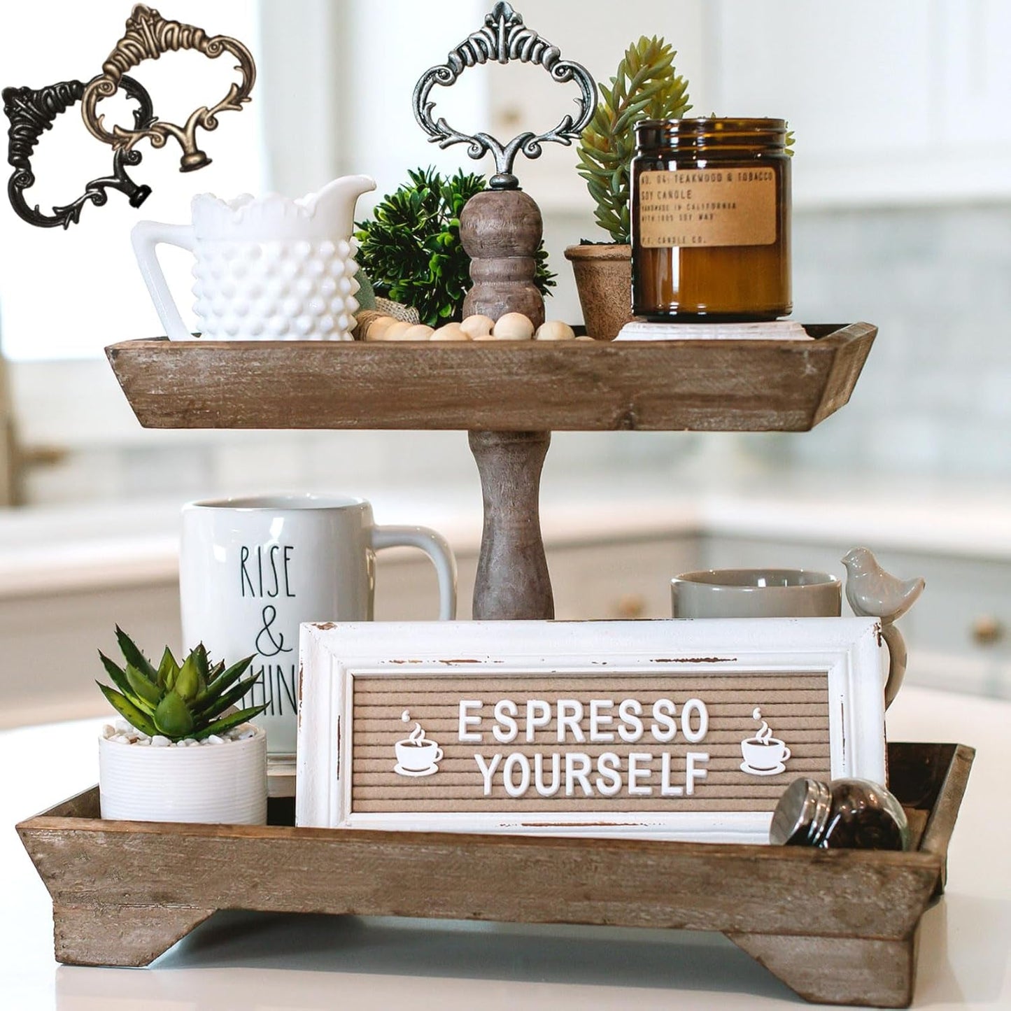 Rustic Wood Two Tiered Tray Rectangle 2 Tier Serving Tray for Coffee Bar, Kitchen Counter, Dining Room Table, Cupcake Stand, Holiday and Farmhouse Decor (Rustic Brown)