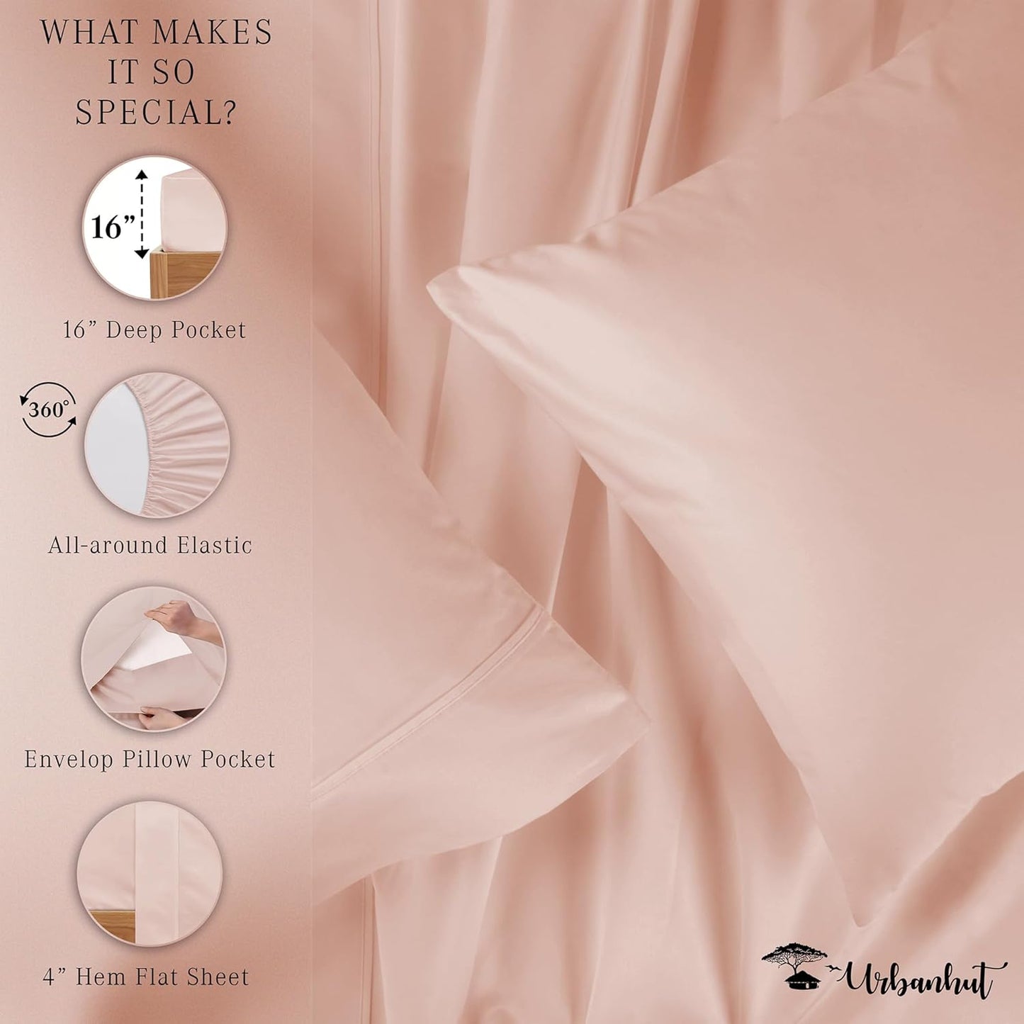 1000 Thread Count Egyptian Cotton King Sheets, Long Staple Soft & Breathable, 4 Pc Bed Sheet Sets, Luxury Hotel Sateen Sheets Fits 16" Deep Pocket - Blush Pink