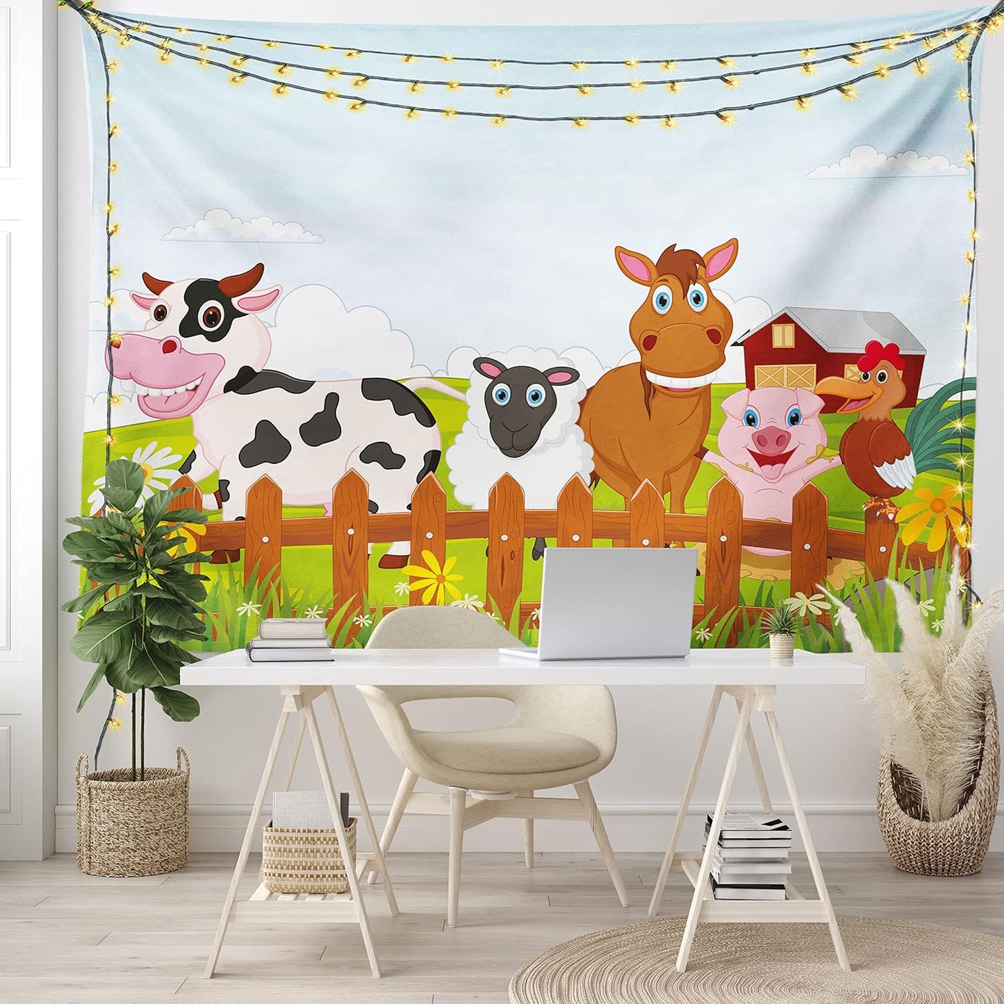 Animal Tapestry King Size, Farm Creatures Cow Horse Goat Pig and Chicken by the Fences Cartoon, Wall Hanging Bedspread Bed Cover Wall Decor, King Size, Pale Brown