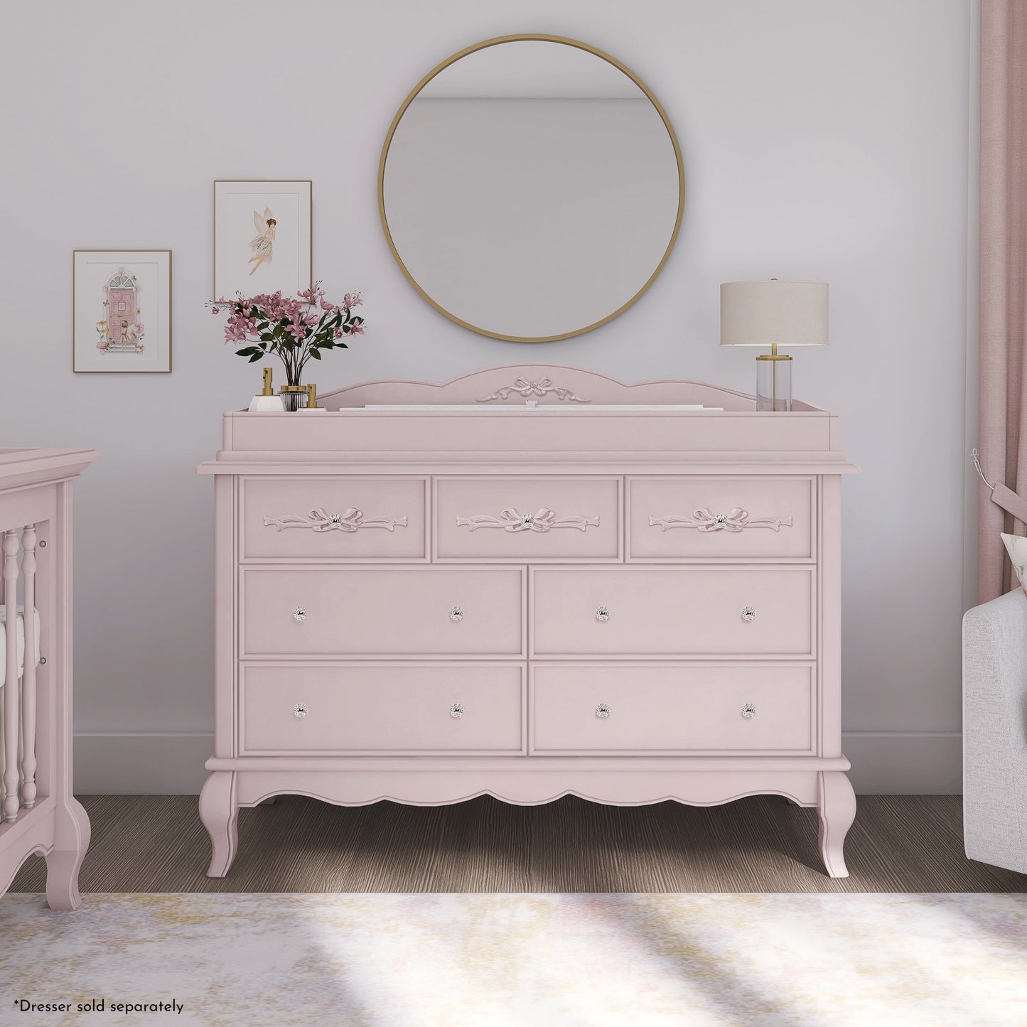 Aurora Changing Tray I Lasting Quality I Intricate Ribbon Bow Scrollwork in Dusty Rose