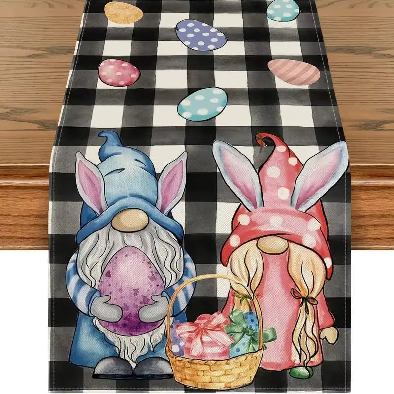Easter Rabbit Colorful Eggs Flowers Green Plaid Linen Table Runners Washable Kitchen Dining Table Runners Wedding Decorations