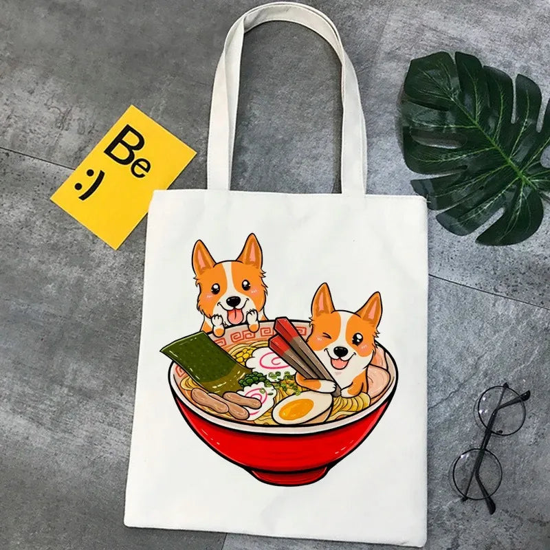 Corgi Dog Cartoon Funny Shopping Bag Graphic Tote Handbag Harajuku Shopper Bag for Women Eco Large-Capacity Female Shoulder Bag