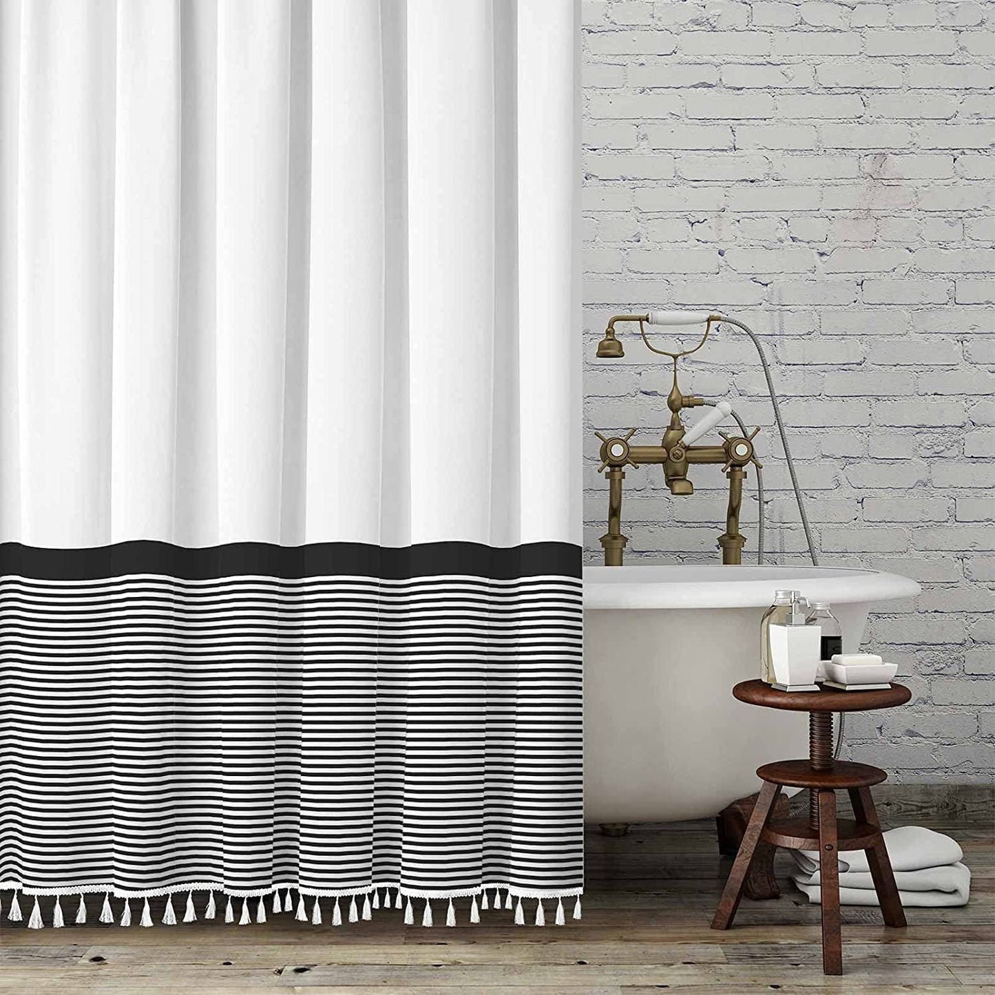 Farmhouse Shower Curtain Tassel,96 Inch Extra Long Black White Striped Bathroom Shower Curtain,72 X 96