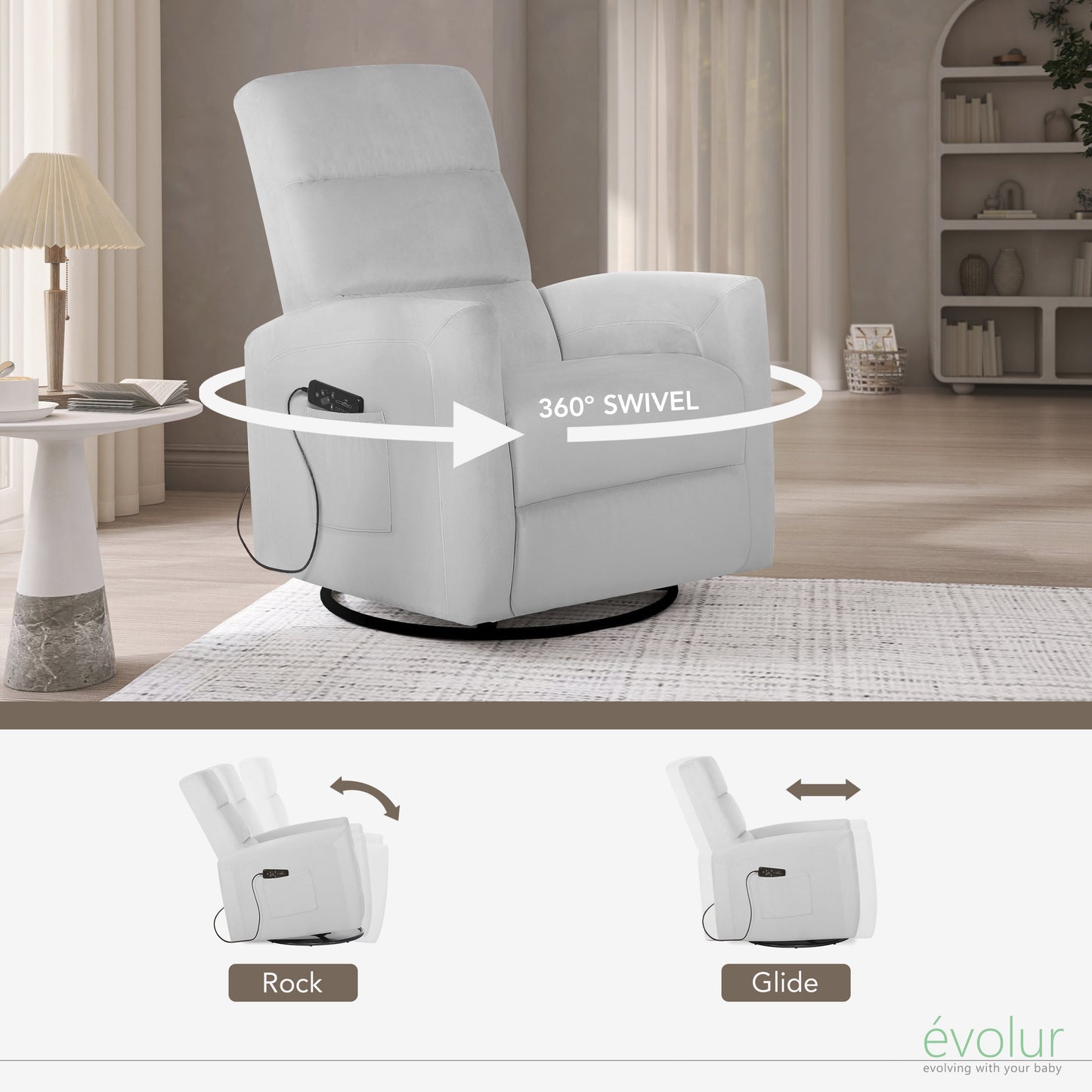 Reevo Upholstered Faux Leather Seating Glider Swivel, Rocker, Massager, Glider Chair for Modern Nursery, Misty Grey, Tool-Free Assembly, Easy to Clean, Environmentally Conscious Rocker