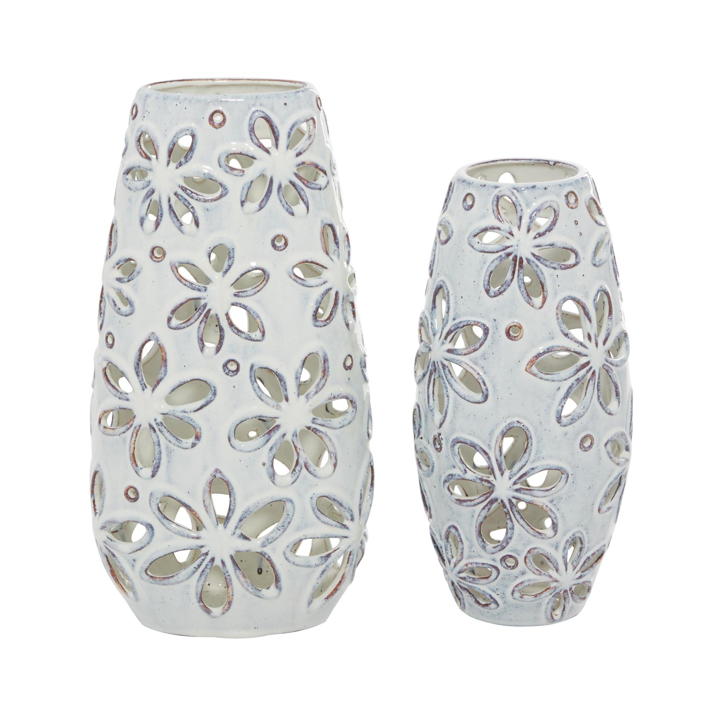 14", 11"H Floral Handmade Daisy Cut Out White Ceramic Vase, Set of 2