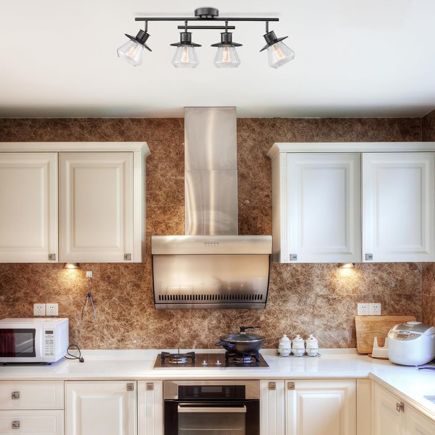 59530 4-Light Complete Track Lighting Kit, Dark Bronze, Clear Glass Bell Shaped Shades, Ceiling Light Fixture, Ideal for Kitchen and Dining Room, LED Bulb Compatible