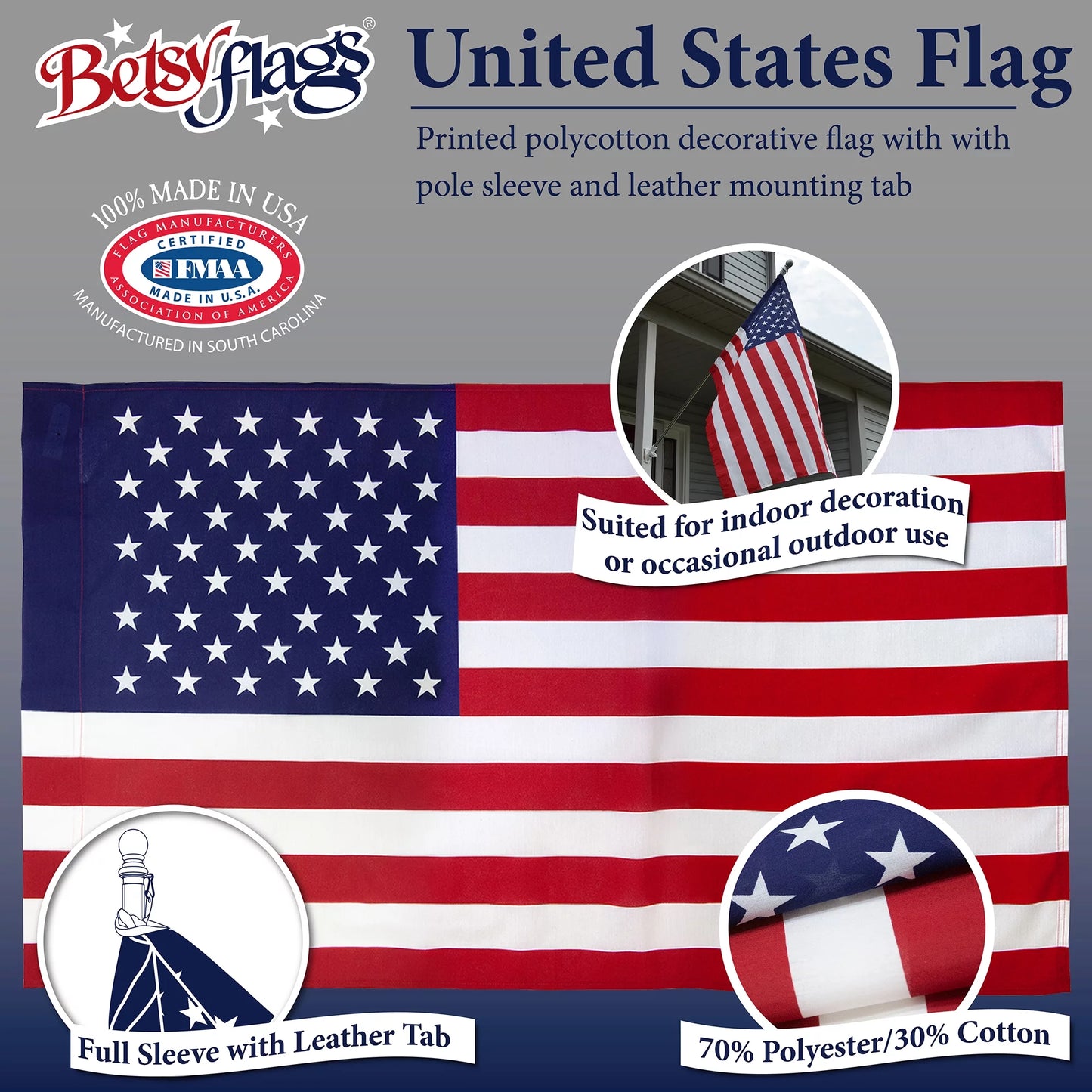 Printed Polycotton American Flag, Sleeved Banner , 2.5' X 4'