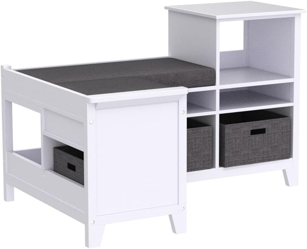 Kids' Corner Nook - Creamy White: Wooden Storage Bench Bookcase Organizer with Seat Cushion and Fabric Bins for Reading in Bedroom or Playroom