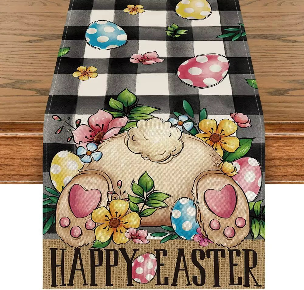 Easter Rabbit Colorful Eggs Flowers Green Plaid Linen Table Runners Washable Kitchen Dining Table Runners Wedding Decorations