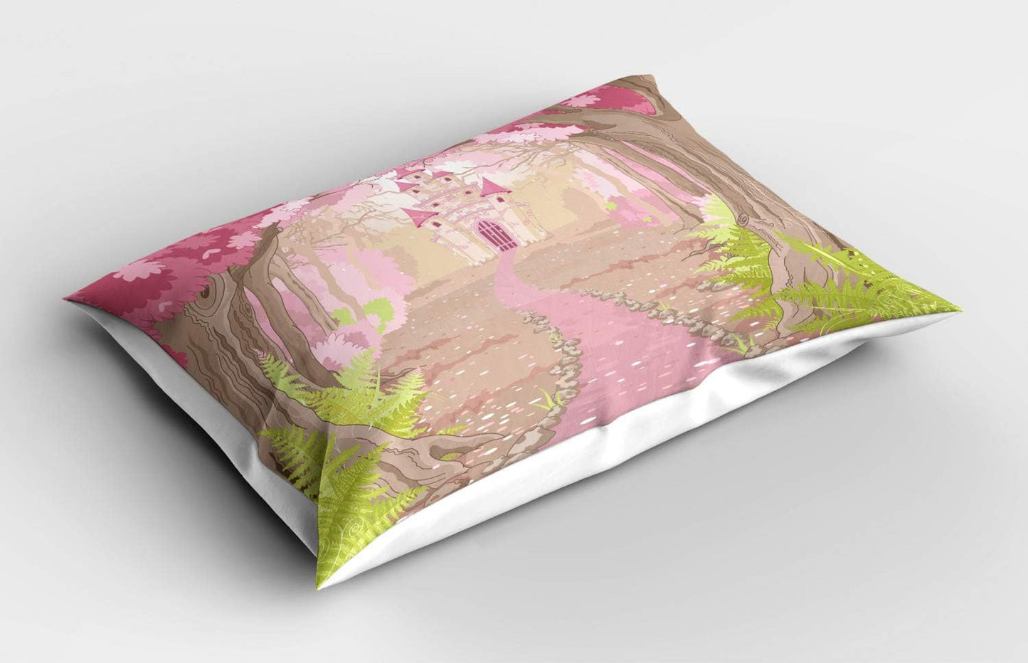 Feminine Pillow Sham, Tale Theme Cartoon Castle in Fantasy Forest Path Landscape Art, Decorative Standard Size Printed Pillowcase, 26" X 20", Beige Green Pink