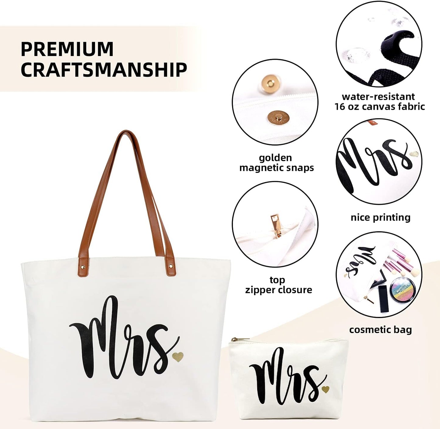 Wifey Tote Bag with Makeup Bag, Gifts for Engagement/Bridal Shower/Bachelorette/Wedding Party Canvas White