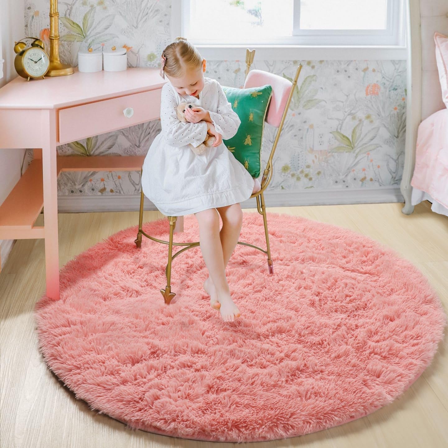 Baby Pink round Area Rugs 6Ft, Fluffy Soft Bedroom Circle Rug for Kids Girls Boys Teen Room, Kawaii Plush Shaggy Floor Carpet Mats for Dorm Nursery Living Room Playroom Home Decor