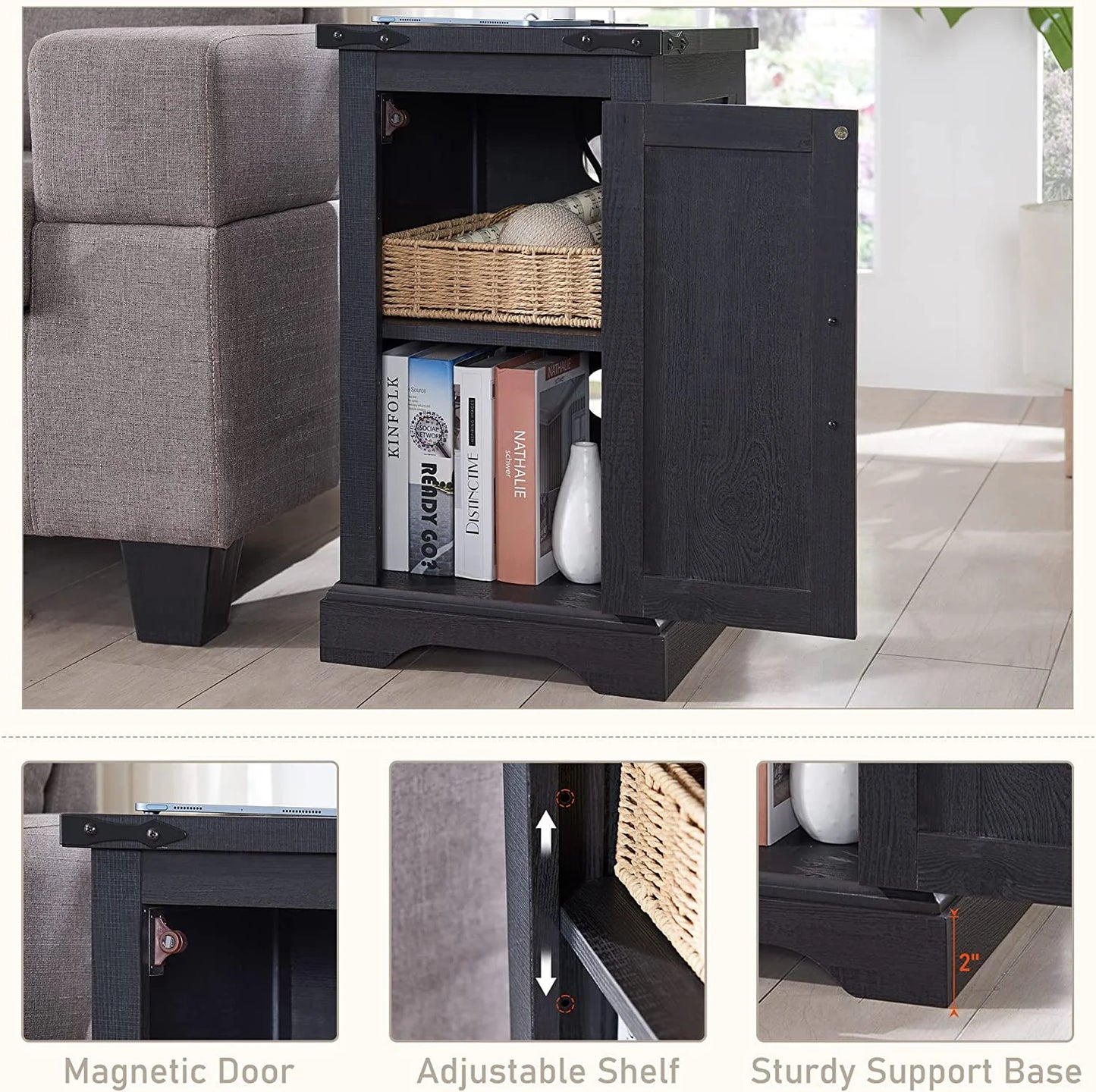 Farmhouse Nightstand with Charging Station, Wood End Table Side Table, Black