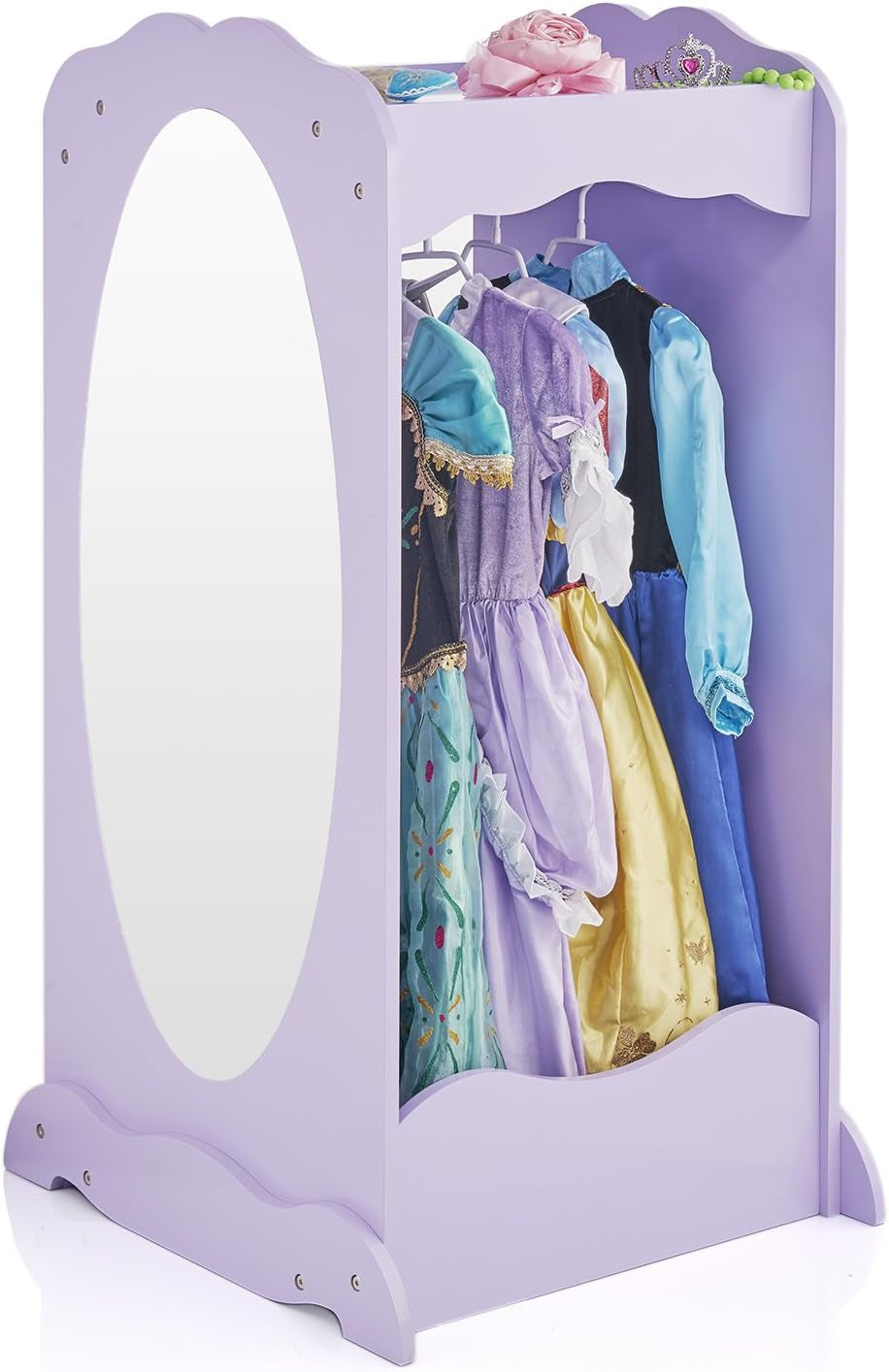 Dress up Cubby Center - Lavender: Kids Clothing Storage Rack, Costume & Shoes Wardrobe with Mirror and Side Hooks - Standing Closet for Toddlers