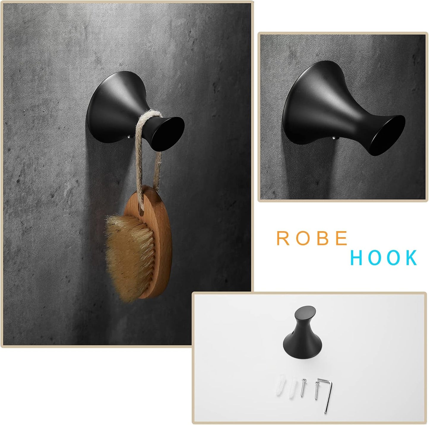 3-Pieces Bathroom Hardware Set Matte Black, Bathroom Accessories Wall Mounted - Includes Hand Towel Ring, Toilet Paper Holder, Robe Towel Hooks,Bathroom Accessories Kit