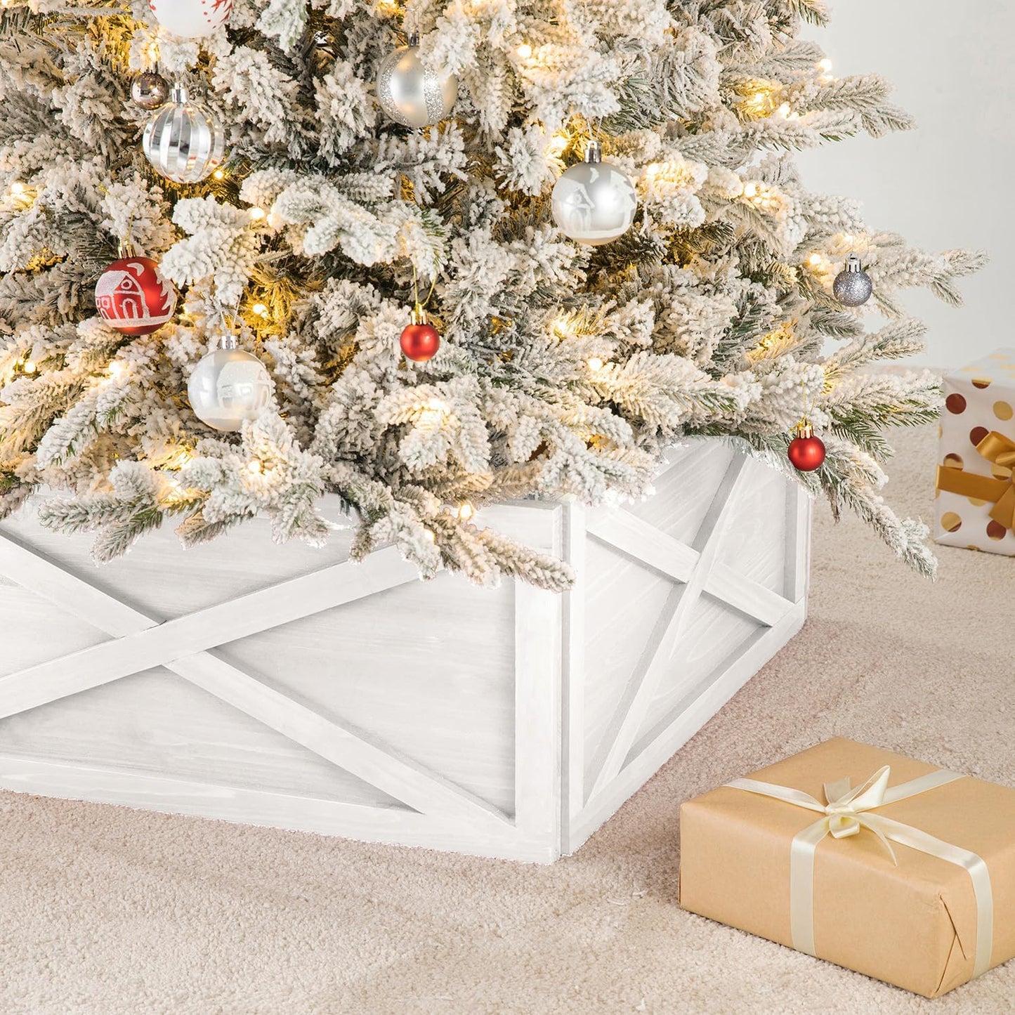 Washed White Wooden Tree Collar Tree Stand Cover Christmas Tree Skirt Tree Box, 32" L X 32" W