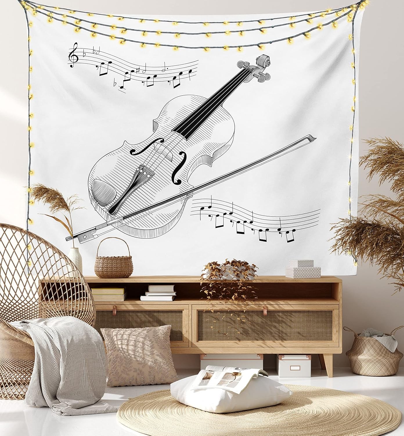 Violin Tapestry, Symphony Classical High Art Music Instrument Performing Cello Orchestra Print, Fabric Wall Hanging Decor for Bedroom Living Room Dorm, 45" X 30", Black and White
