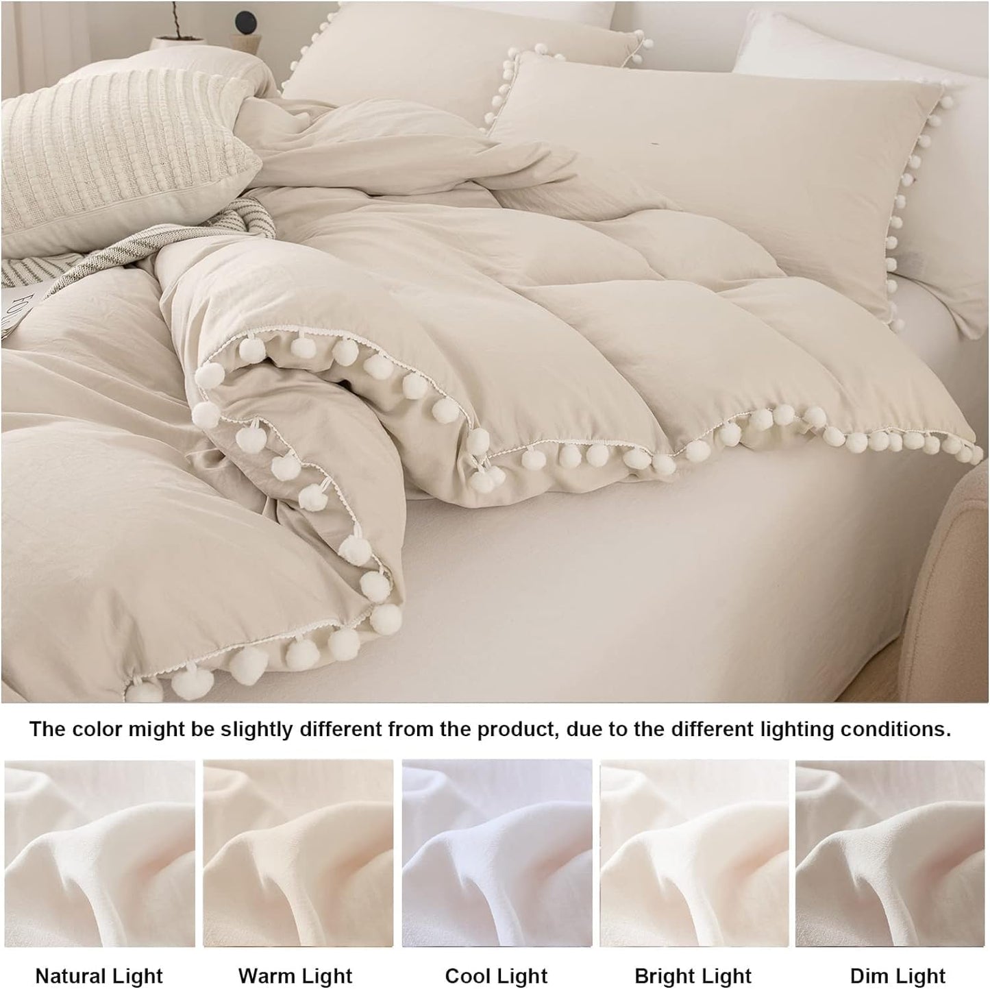 Beige Boho Comforter Set Pom Pom Comforter Queen Aesthetic Room Decor Cute Ball Fringe Farmhouse Bedding Set Queen Ultra Soft Microfiber Lightweight Comforter Set(Beige,Queen)