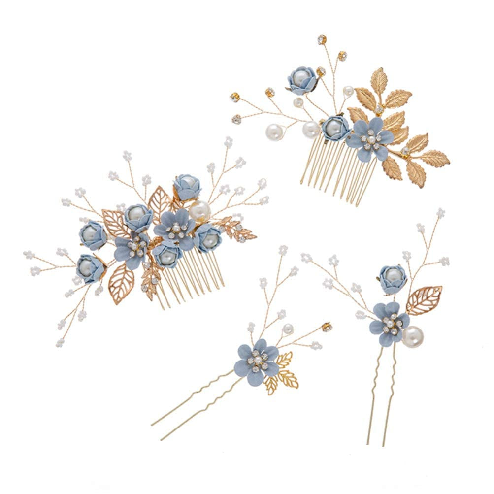 4Pcs Blue Wedding Hair Piece Blue Hair Accessories Hairpins Set, Decorative Pearl Comb, Flower Bridal Hair Set, Hair Accessories for Brides Girls Hair Combs Hair Jewelry