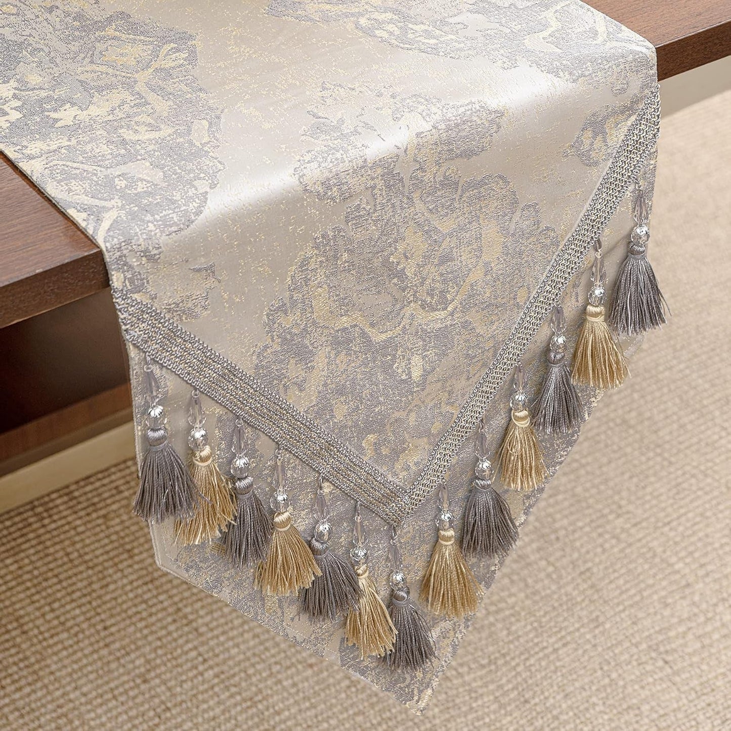 Luxury Table Runner 90 Inches Long, Elegant Damask Jacquard Table Runners with Handmade Multi-Tassels for Dining Room Dresser Party Holiday Banquet Decoration(Beige, 13X90 Inch)