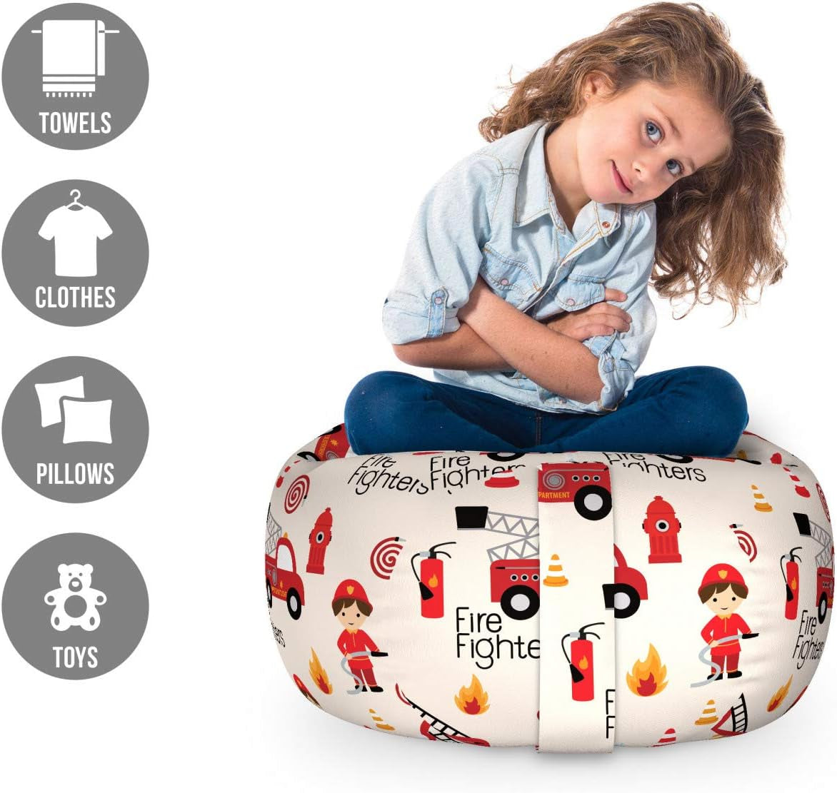 Truck Storage Toy Bag Chair, Little Boys and Girls in Uniforms Fighters Theme Career Profession Pattern, Stuffed Animal Organizer Washable Bag, Small Size, Red Cream