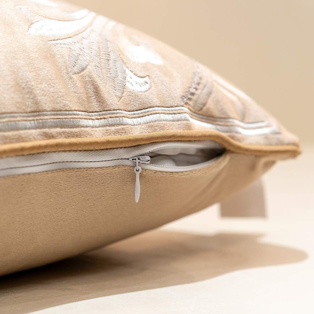 12 X 20 Inch European Cushion Cover Luxury Velvet Home Decorative Embroidery Petunias Pillow Case Pillowcase for Sofa Chair Bedroom Living Room, Beige