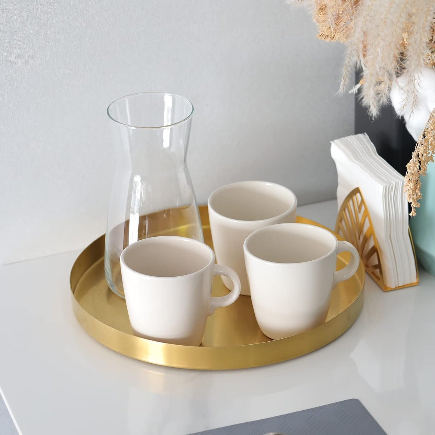 Metal round Decorative Tray, Perfume Jewelry Candle Organizer for Desk Vanity Countertop Bathroom Dresser Storage, Serving Platter for Kitchen Dinning Coffee Table, Brass Gold, 12 Inch