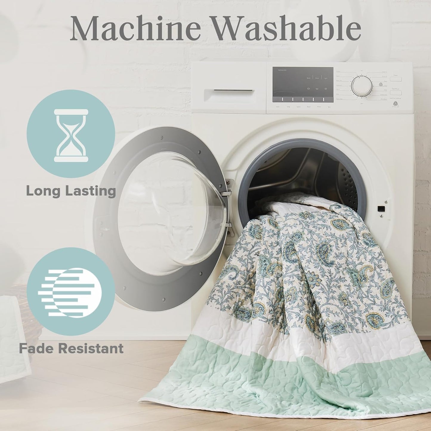 100% Cotton Quilt Set Floral Print, Double Sided Stitching, All Season, Lightweight Coverlet Shabby Chic Bedding Layer, Matching Shams, King/Cal King, Light Teal 6 Piece , Aqua