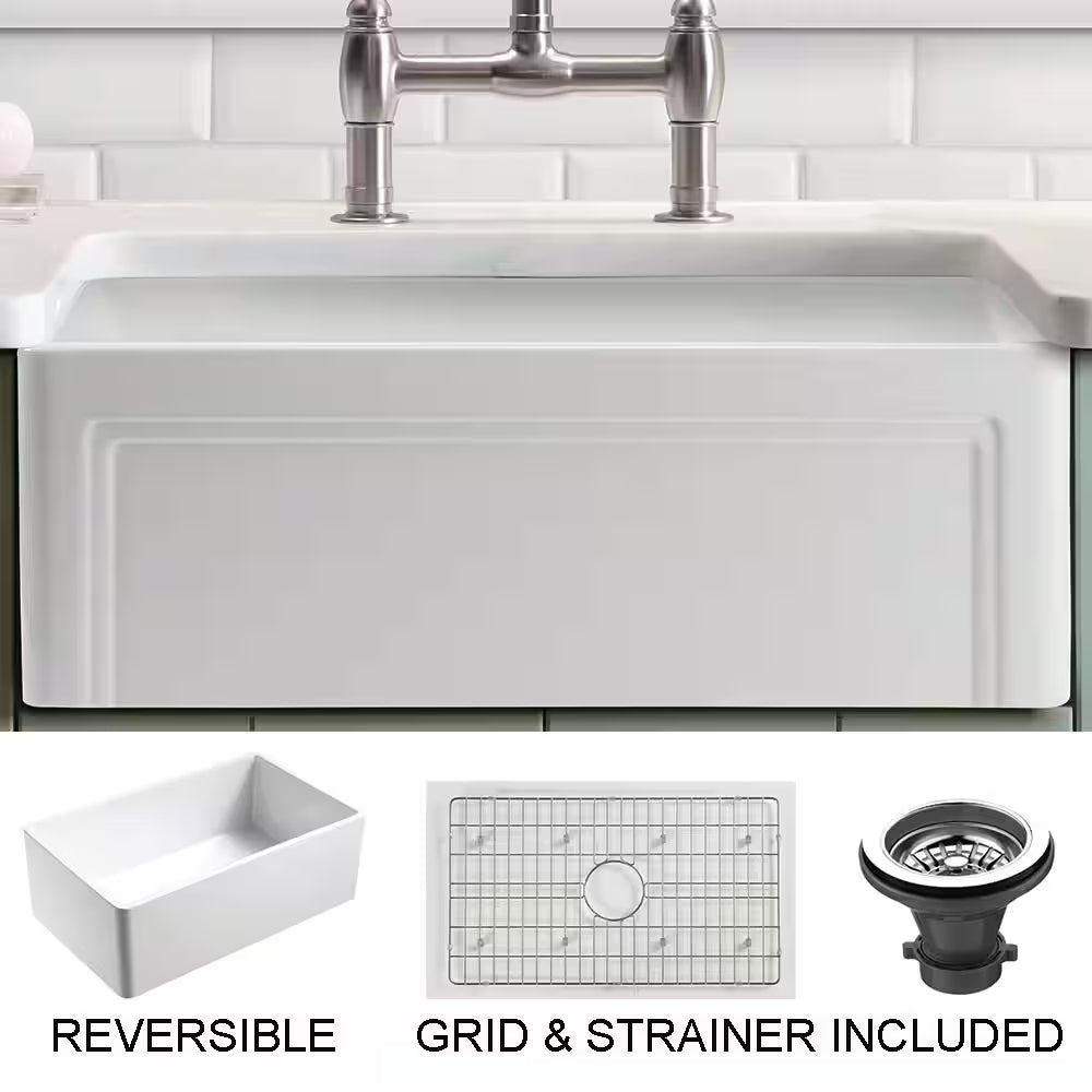 Olde London Farmhouse Fireclay 33 In. Single Bowl Kitchen Sink with Grid with Grid and Strainer