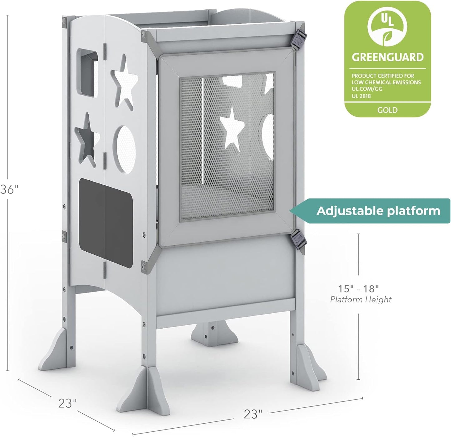 Classic Kitchen Helper® Toddler Tower - Gray: Folding, Adjustable Height, Learning Step Stool for Kids, W/Chalkboard | Montessori Collapsible Safety Non-Slip Platform
