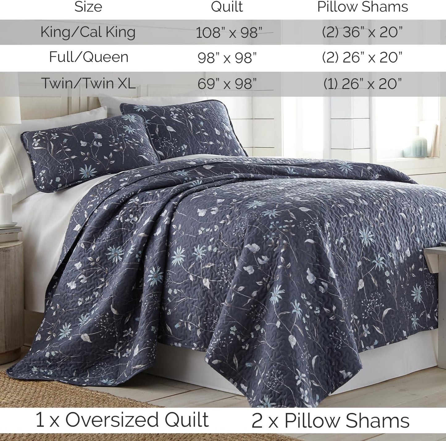 Oversized Queen Size Quilt Bedding Set, All Season Lightweight Bedspread, Boho Coverlet Full Size, Floral Bedding 3-Piece Set with Two Matching Shams, Full/Queen, Blue