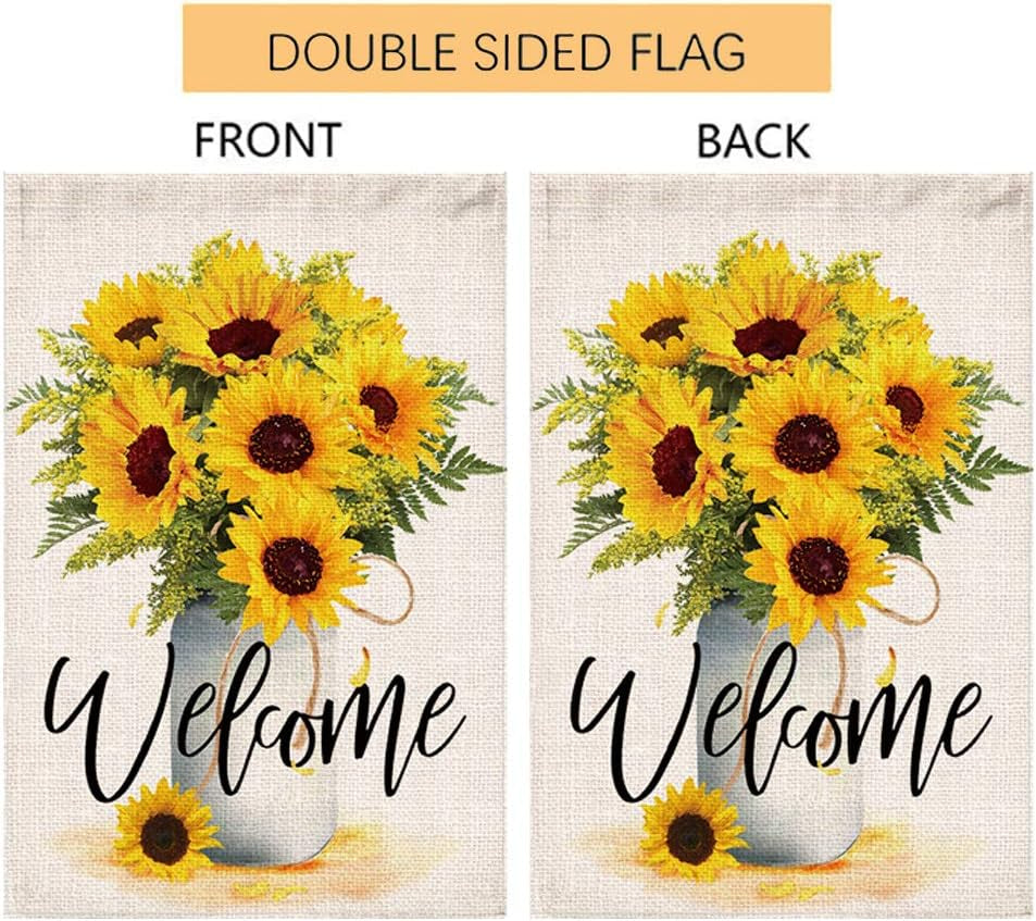 Sunflower Arrangement Vase Welcome Garden Flag Double Sided,Burlap Summer Fall Farmhouse Outdoor Welcome Garden Decor,Small Garden Flag 12X18 Prime