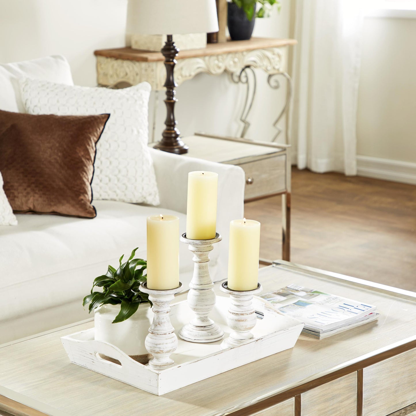 Traditional and Timeless Mango Wood Pillar Candle Holder Set of 3, 6", 8", 1"H, White/Rose Blush Finish