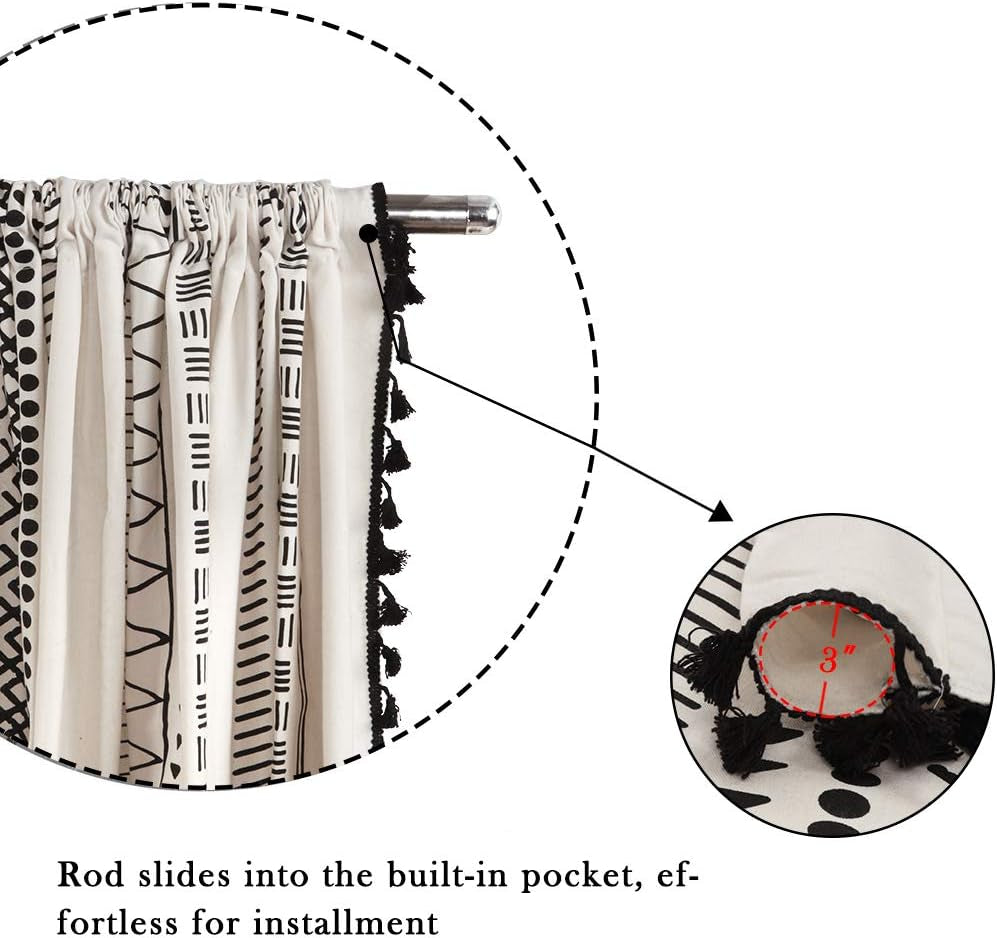 Boho Curtains 2 Panels, Black and White Living Room Curtains 63 Inch Length, Farmhouse Geometric Tassels Rod Pocket Window Drapes for Kitchen Dining Room