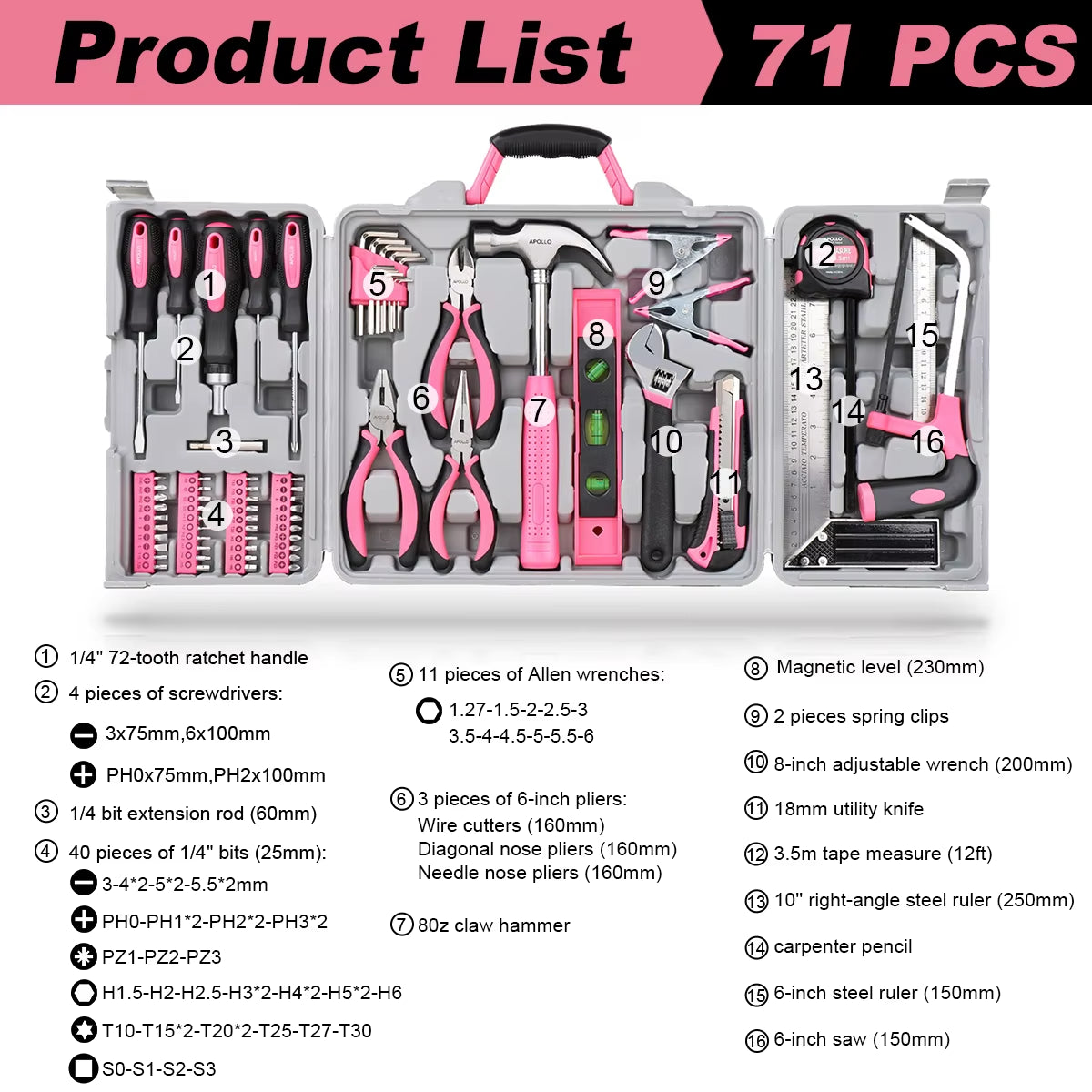 67/71/56/35Pcs Automotive Maintenance Tools -Household Repair Tool Kit Multi-Purpose Pink Hand Tool Set with Storage Box