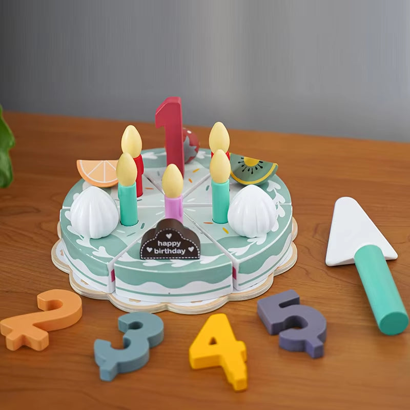 Kids Gifts Fashion Pretend Play Cutting Wooden Simulation Cream Strawberry Birthday Cake Toy with Candles Early Education