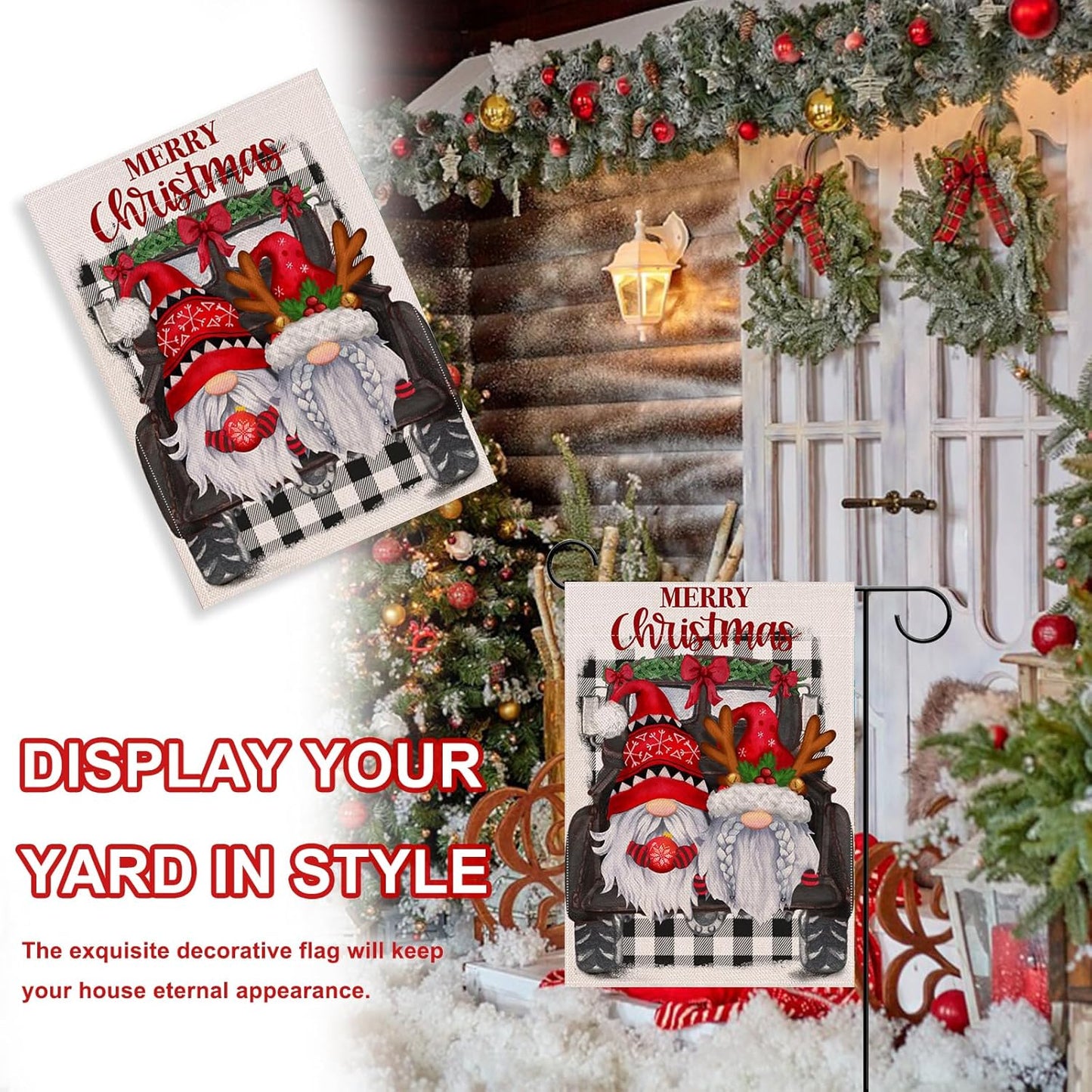 Home Decorative Merry Christmas Santa Gnome Garden Flag, House Yard Xmas Truck Antlers Black Buffalo Plaid Check outside Decoration, Winter Farmhouse Outdoor Small Flag Decor Double Sided 12X18