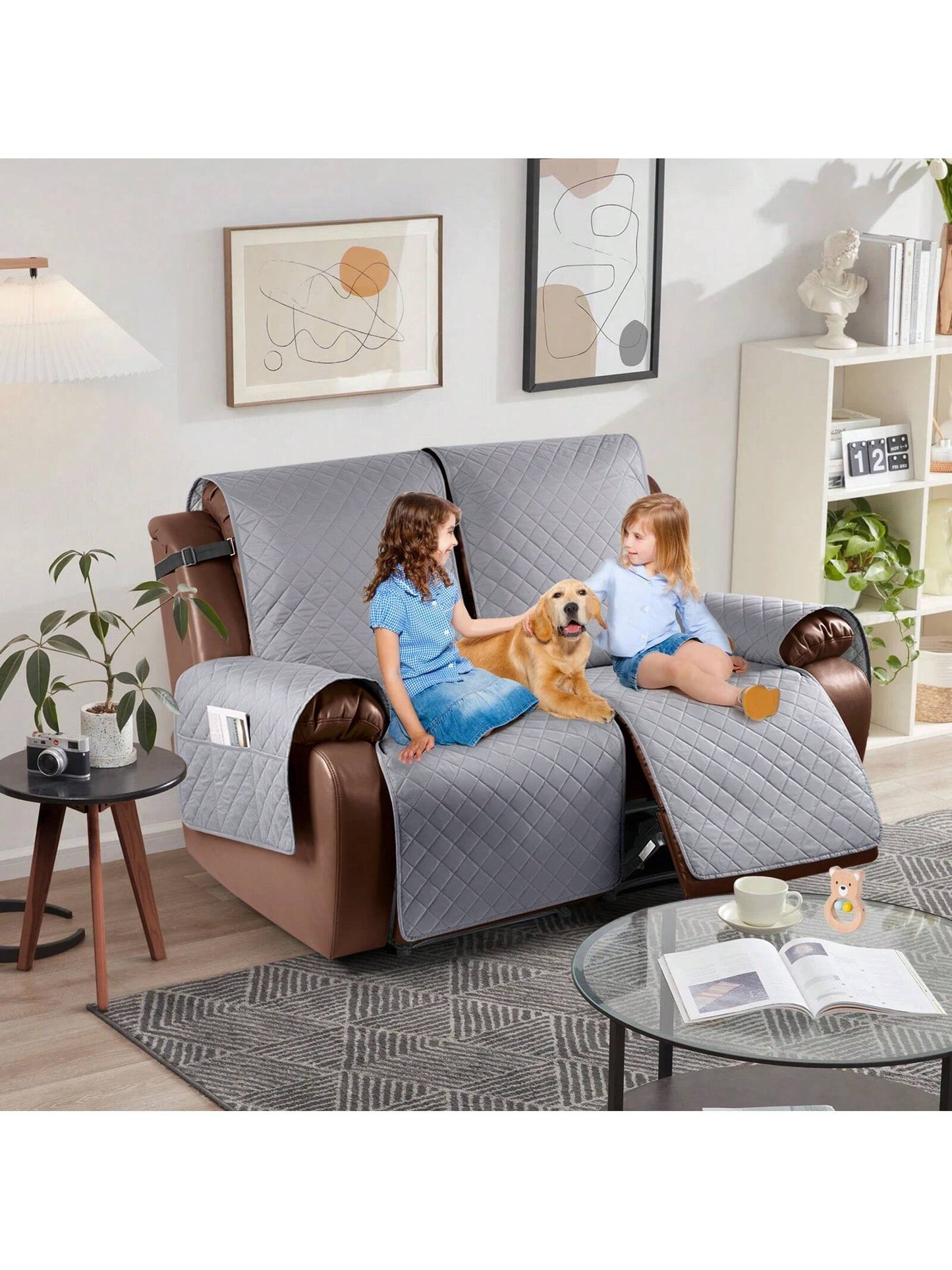 Waterproof Recliner Sofa Cover, Non-Slip Reclining Couch Covers for 1, 2 & 3 Seater, Recliner Couch Cover Furniture Protector with Elastic Straps for Pets, Kids