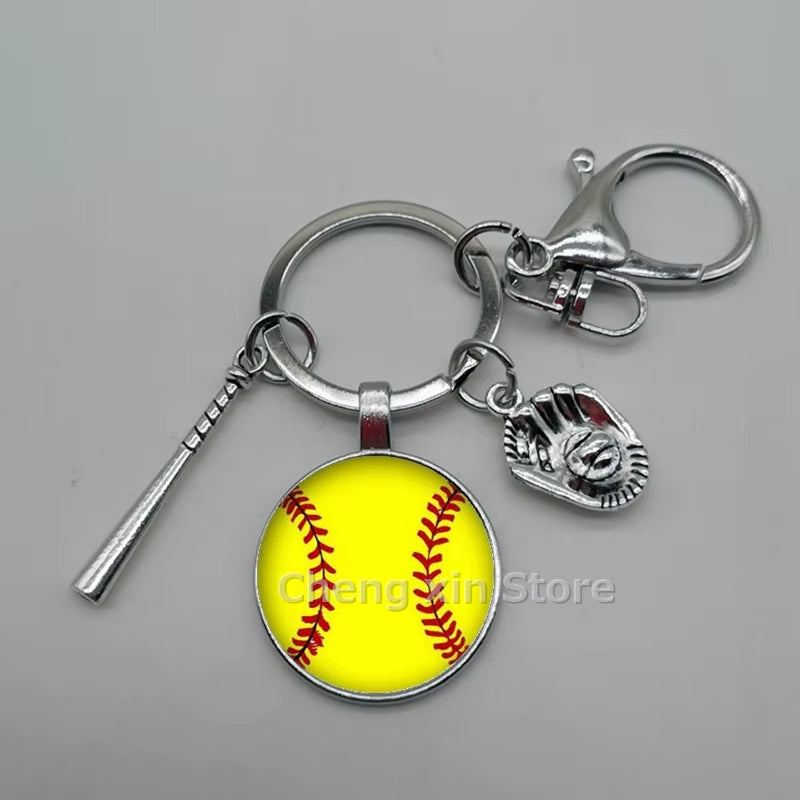 Baseball Softball Convex Photo Glass round Dome Keychain Jewelry, DIY Keychain