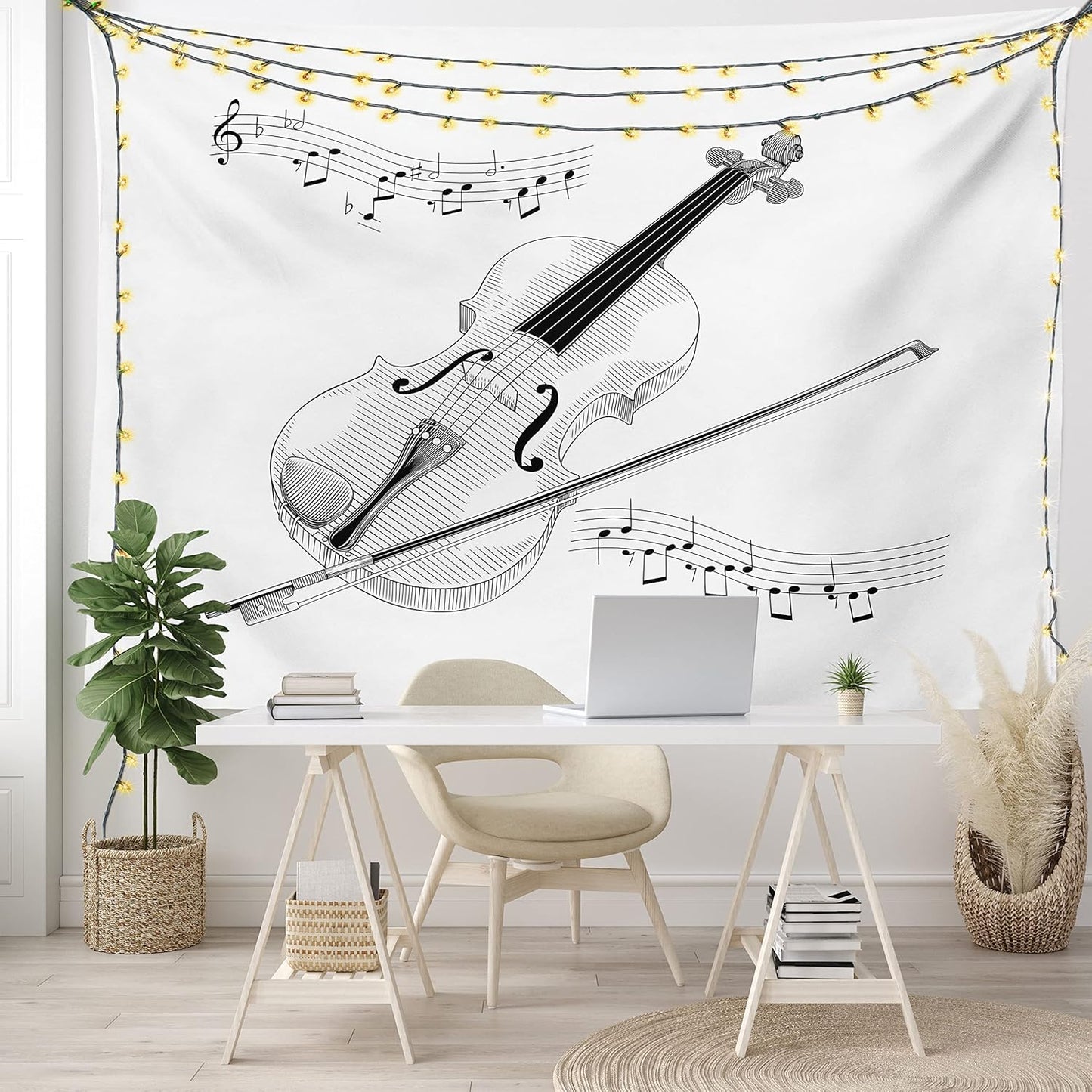 Violin Tapestry, Symphony Classical High Art Music Instrument Performing Cello Orchestra Print, Fabric Wall Hanging Decor for Bedroom Living Room Dorm, 45" X 30", Black and White