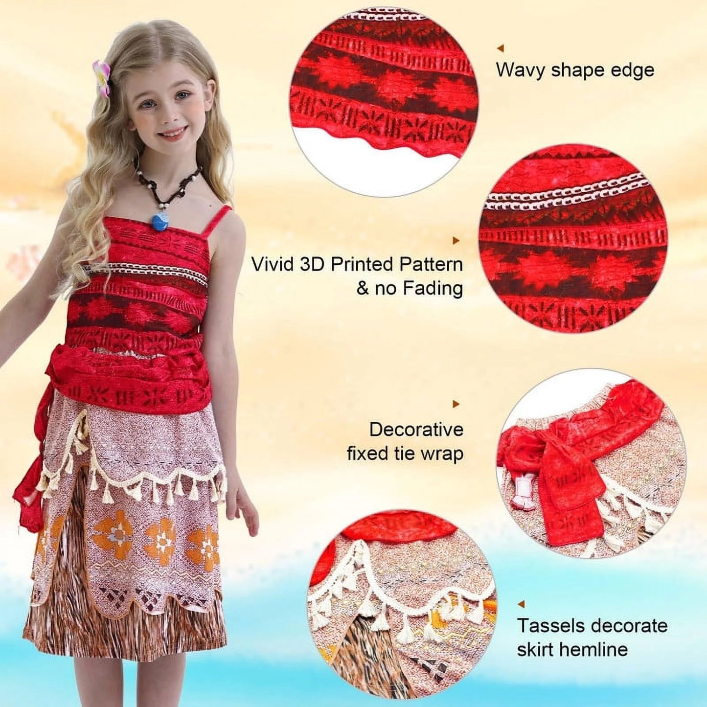 Princess Moana Costume for Girls Adventure Outfit Two-Pieces Crop Top Skirt Set Birthday Party Clothes