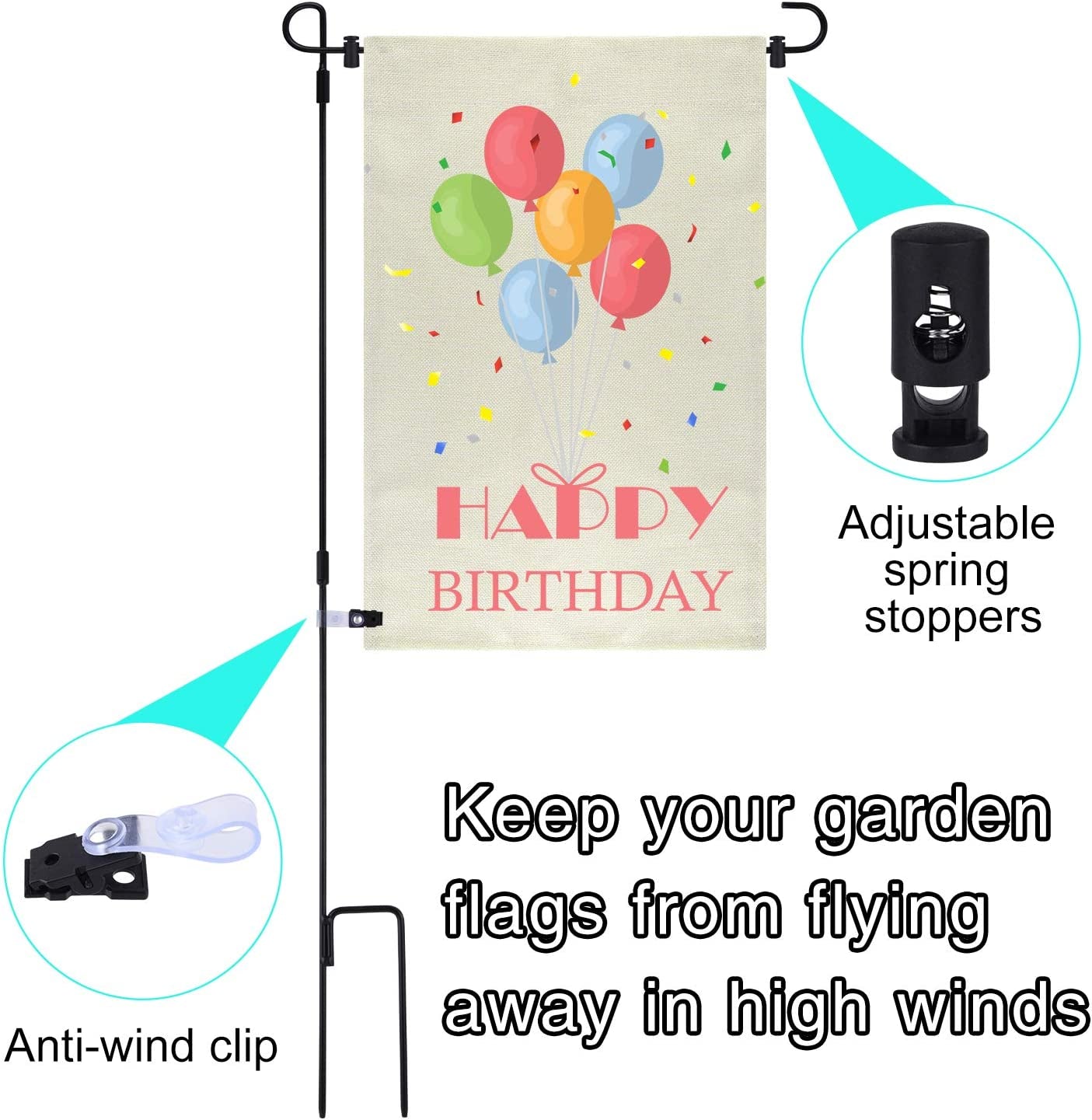 2 Pack Garden Flag Stand Metal Garden Flag Pole Holder with Garden Flag Stopper and Anti-Wind Clip for Outdoor Decorative Flag Garden Lawn Yard Flag