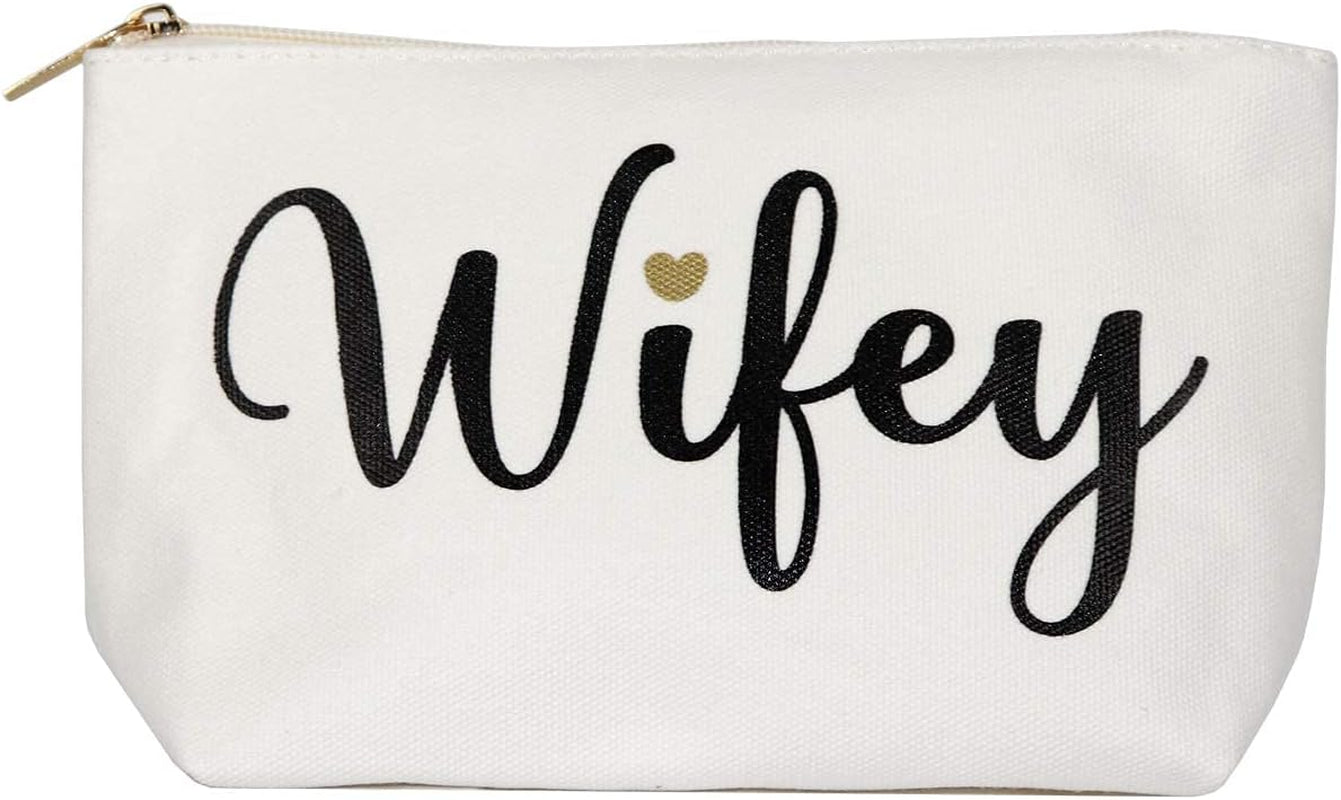 Wifey Tote Bag with Makeup Bag, Gifts for Engagement/Bridal Shower/Bachelorette/Wedding Party Canvas White