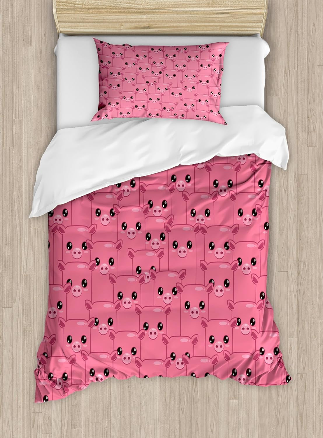 Pig Duvet Cover Set, Smily Square Faced Little Pigs Eyes and Noses Crowd Herd of Animals Pattern Print, Decorative 2 Piece Bedding Set with 1 Pillow Sham, Twin Size, Black Pink