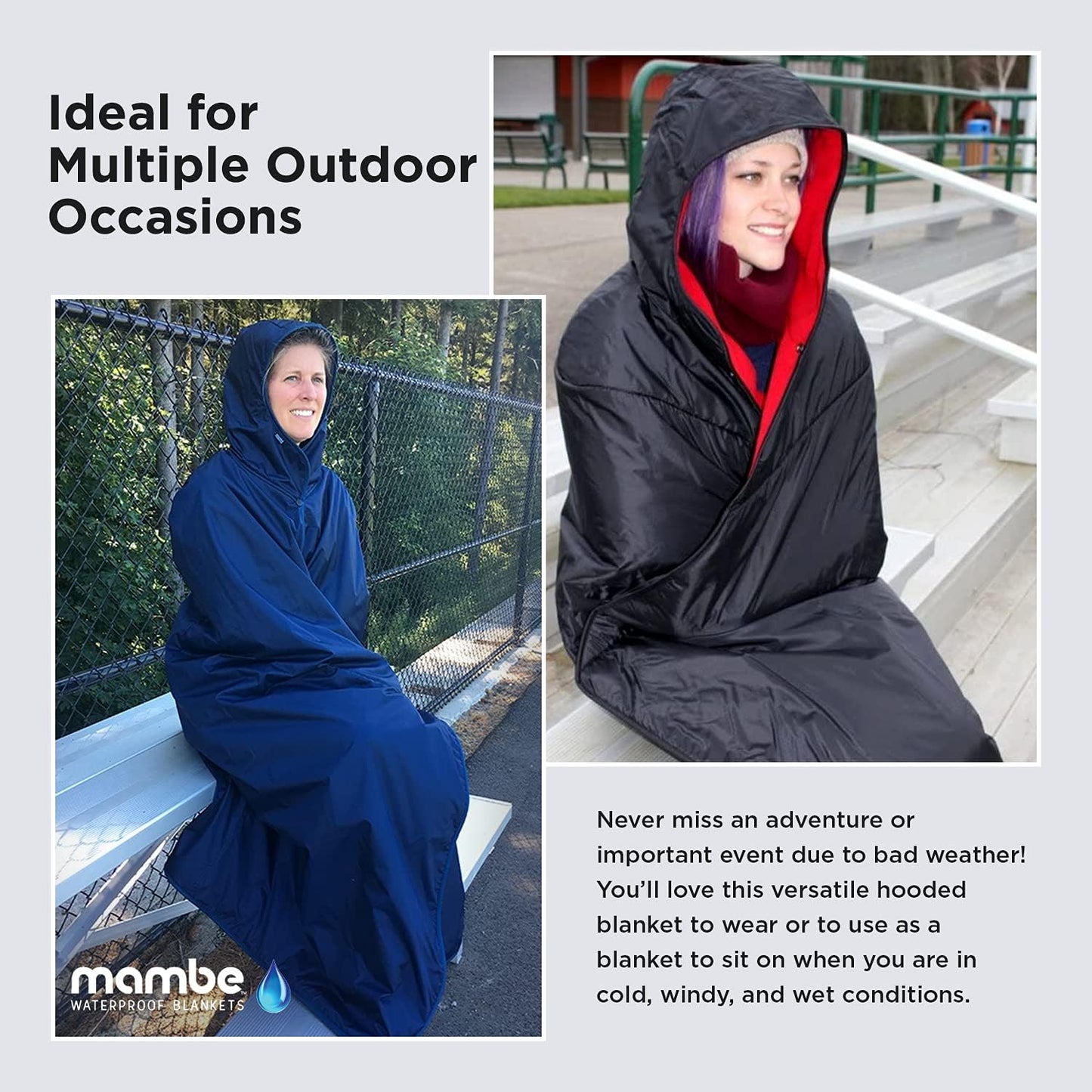 Extreme Weather 100% Waterproof/Windproof Hooded Blanket with Premium Stuff Sack (Size: S, Purple-Black) Made in the USA