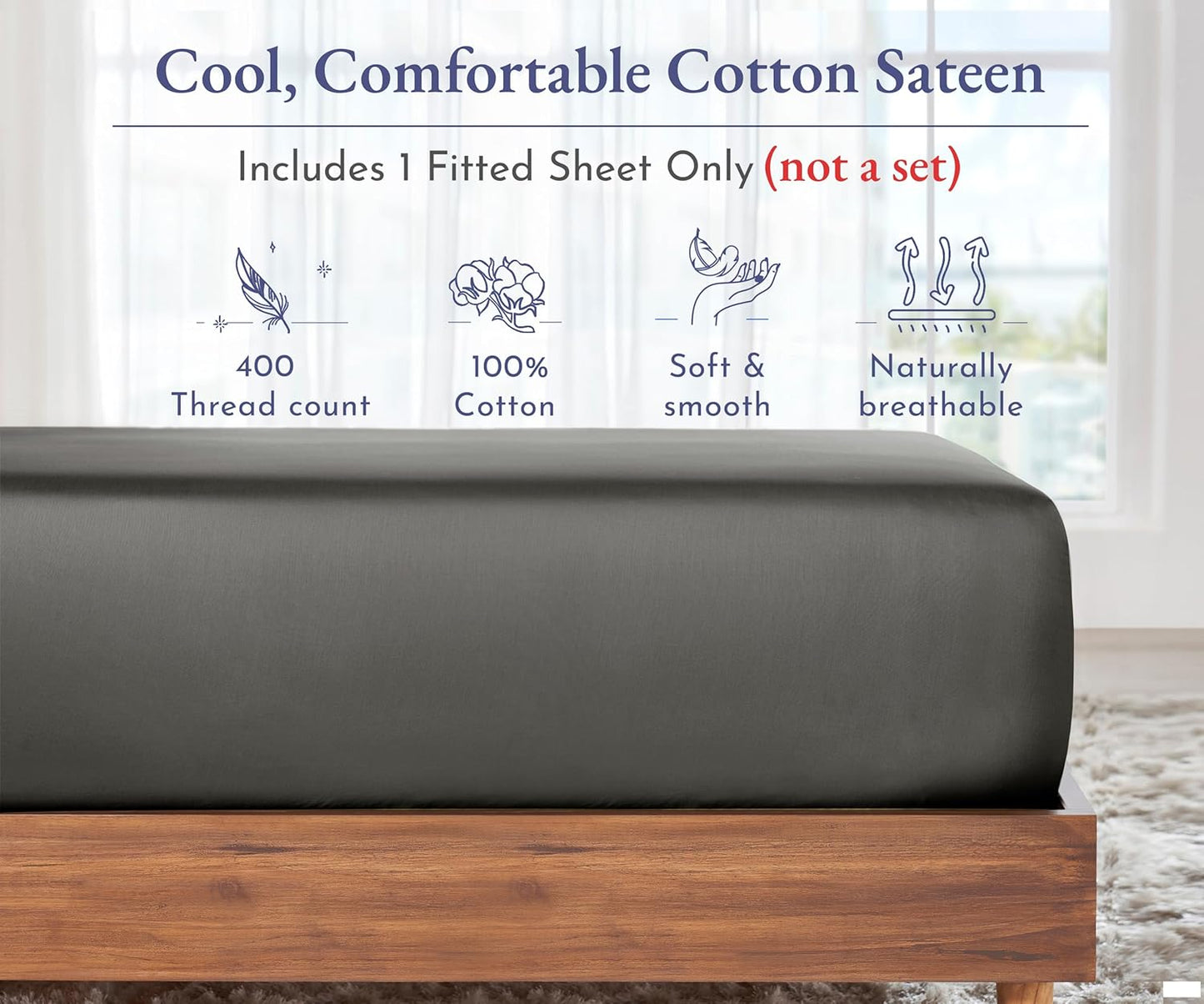 Cal King Fitted Sheet Deep Pocket, Soft 400 Thread Count 100% Cotton Sateen, No Pop-Off Elastic, Durable than Egyptian Quality Fitted Sheet (California King, Grey)